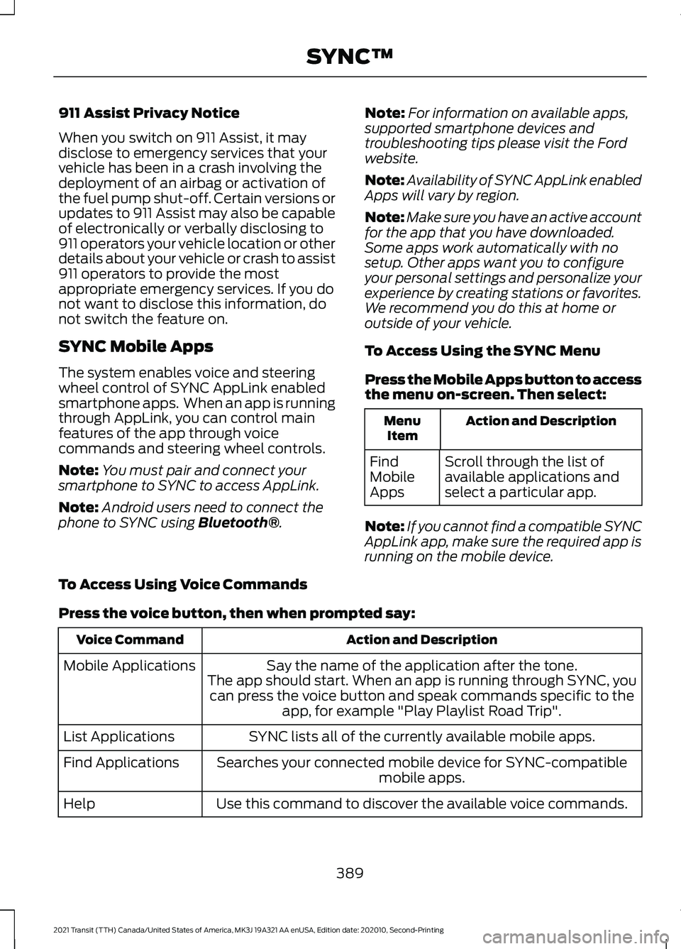 FORD TRANSIT 2021 Owners Manual 911 Assist Privacy Notice
When you switch on 911 Assist, it may
disclose to emergency services that your
vehicle has been in a crash involving the
deployment of an airbag or activation of
the fuel pum FORD TRANSIT 2021 Owners Manual 911 Assist Privacy Notice
When you switch on 911 Assist, it may
disclose to emergency services that your
vehicle has been in a crash involving the
deployment of an airbag or activation of
the fuel pum