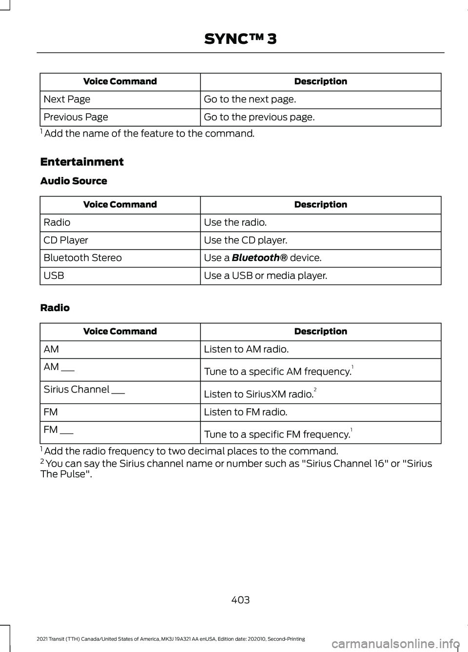 FORD TRANSIT 2021 User Guide Description
Voice Command
Go to the next page.
Next Page
Go to the previous page.
Previous Page
1 Add the name of the feature to the command.
Entertainment
Audio Source Description
Voice Command
Use FORD TRANSIT 2021 User Guide Description
Voice Command
Go to the next page.
Next Page
Go to the previous page.
Previous Page
1 Add the name of the feature to the command.
Entertainment
Audio Source Description
Voice Command
Use