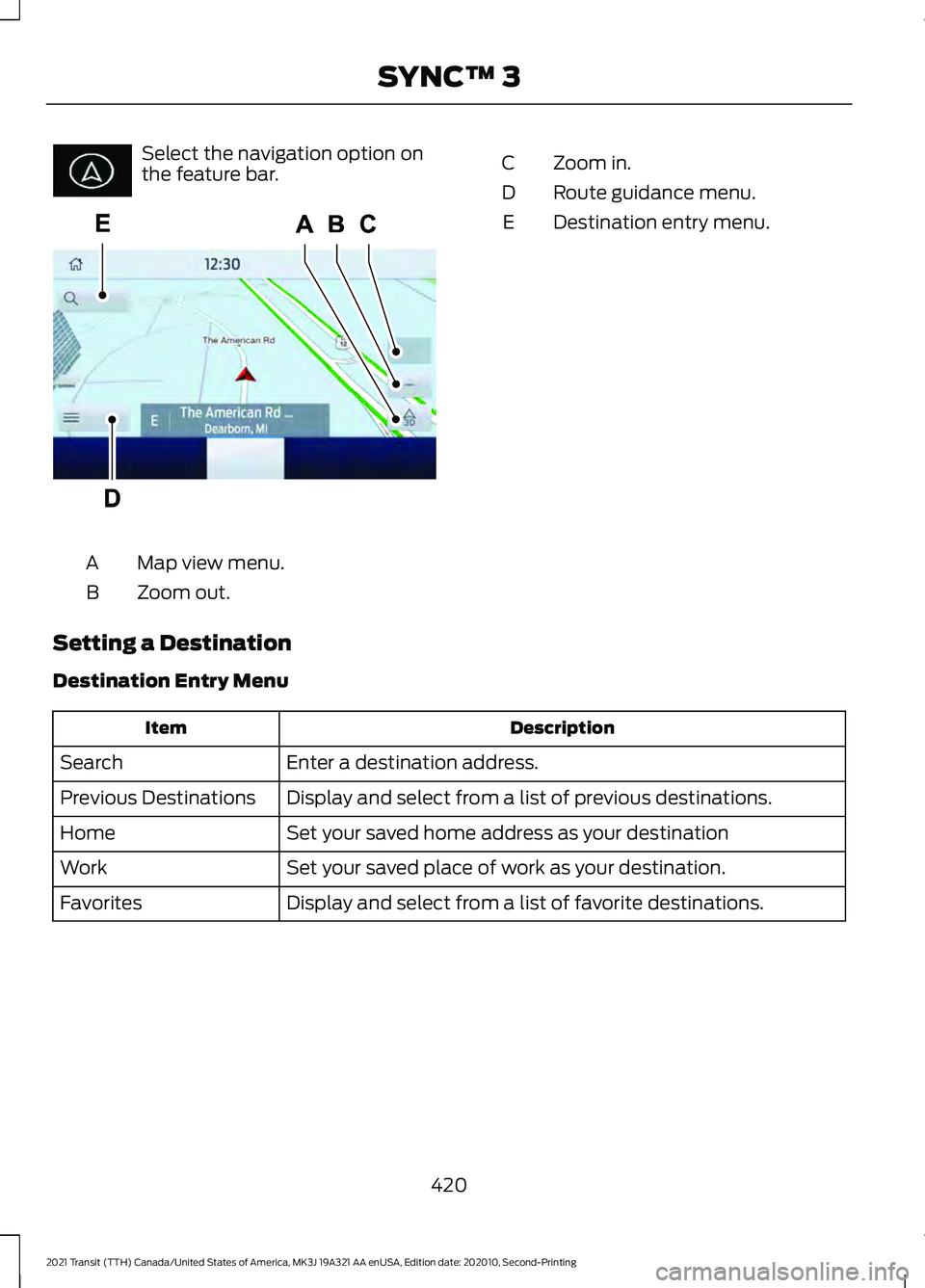 FORD TRANSIT 2021  Owners Manual Select the navigation option on
the feature bar.
Map view menu.
A
Zoom out.
B Zoom in.
C
Route guidance menu.
D
Destination entry menu.
E
Setting a Destination
Destination Entry Menu Description
Item
