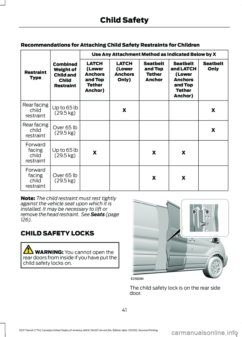 FORD TRANSIT 2021  Owners Manual Recommendations for Attaching Child Safety Restraints for Children
Use Any Attachment Method as Indicated Below by X
Combined Weight ofChild and Child
Restraint
Restraint
Type Seatbelt
Only
Seatbelt
a