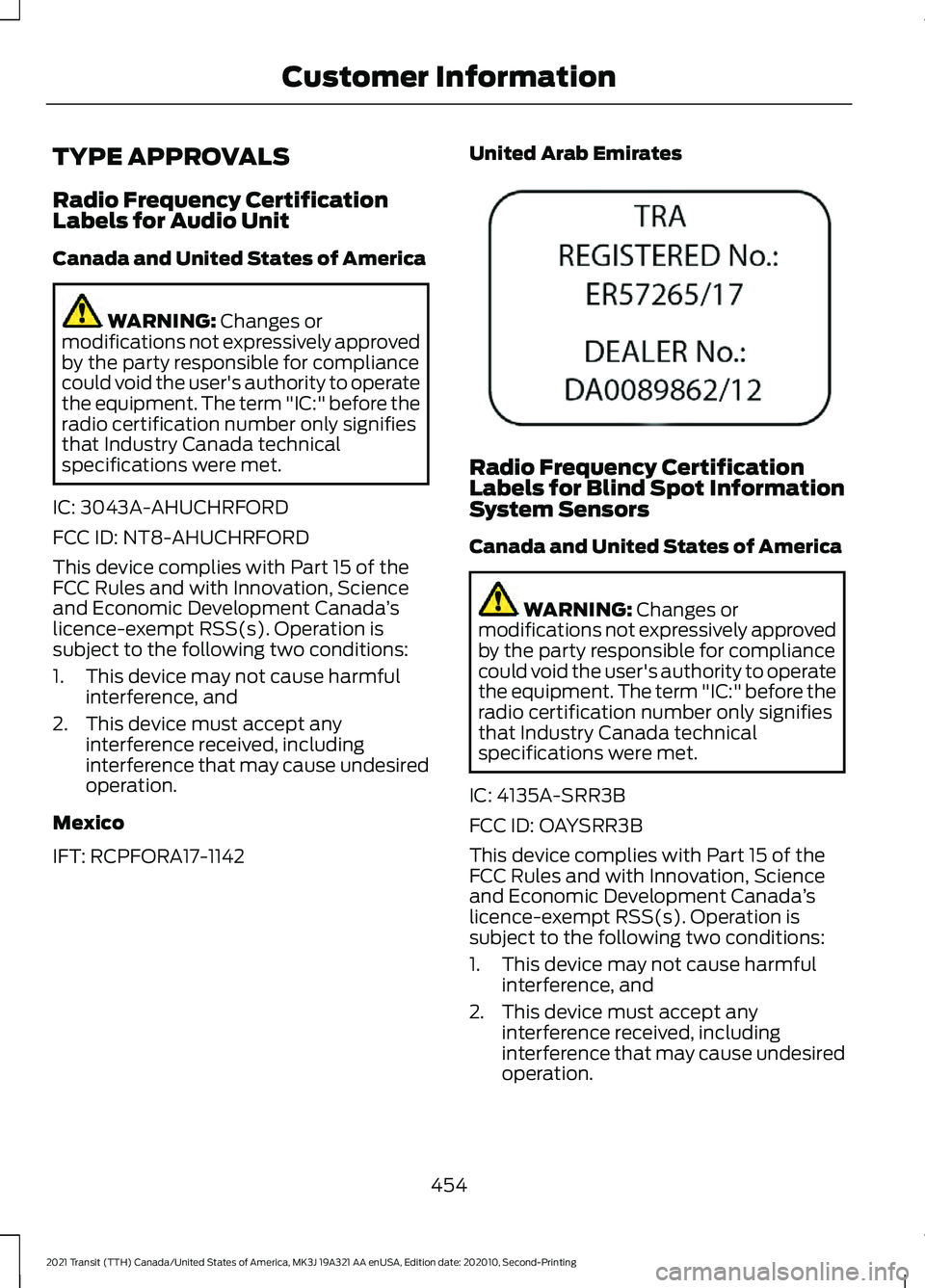 FORD TRANSIT 2021 Owners Manual TYPE APPROVALS
Radio Frequency Certification
Labels for Audio Unit
Canada and United States of America
WARNING: Changes or
modifications not expressively approved
by the party responsible for complian FORD TRANSIT 2021 Owners Manual TYPE APPROVALS
Radio Frequency Certification
Labels for Audio Unit
Canada and United States of America
WARNING: Changes or
modifications not expressively approved
by the party responsible for complian