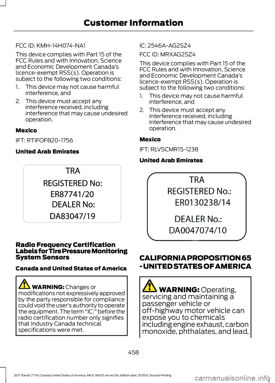 FORD TRANSIT 2021 Owners Manual FCC ID: KMH-14H074-NA1
This device complies with Part 15 of the
FCC Rules and with Innovation, Science
and Economic Development Canada
’s
licence-exempt RSS(s). Operation is
subject to the following FORD TRANSIT 2021 Owners Manual FCC ID: KMH-14H074-NA1
This device complies with Part 15 of the
FCC Rules and with Innovation, Science
and Economic Development Canada
’s
licence-exempt RSS(s). Operation is
subject to the following