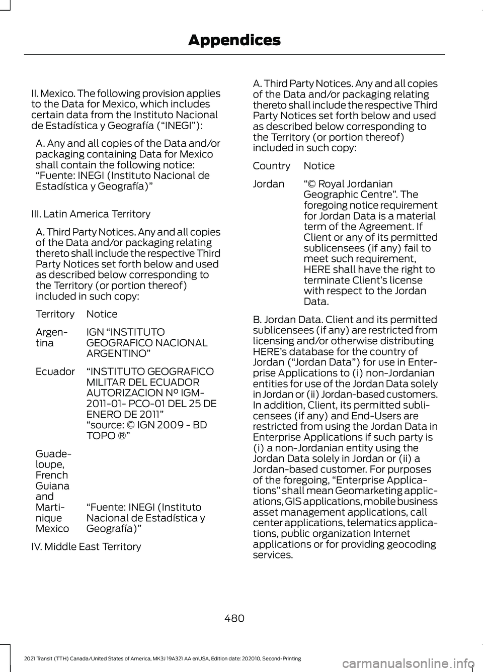 FORD TRANSIT 2021 Manual PDF II. Mexico. The following provision applies
to the Data for Mexico, which includes
certain data from the Instituto Nacional
de Estadística y Geografía (“INEGI”):
A. Any and all copies of the Dat
