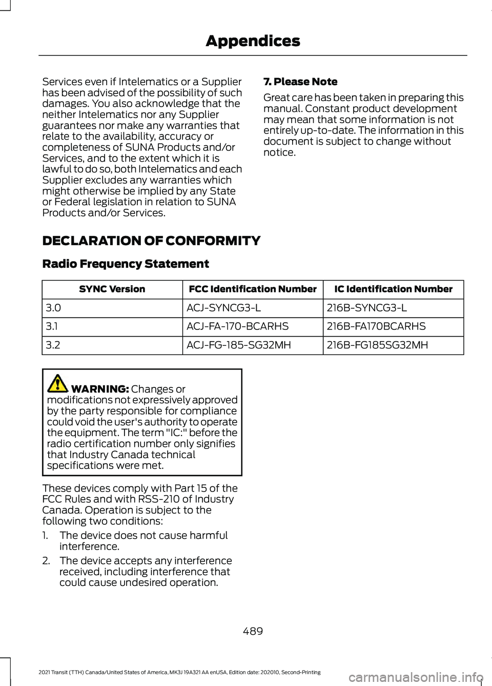FORD TRANSIT 2021 Owners Manual Services even if Intelematics or a Supplier
has been advised of the possibility of such
damages. You also acknowledge that the
neither Intelematics nor any Supplier
guarantees nor make any warranties FORD TRANSIT 2021 Owners Manual Services even if Intelematics or a Supplier
has been advised of the possibility of such
damages. You also acknowledge that the
neither Intelematics nor any Supplier
guarantees nor make any warranties