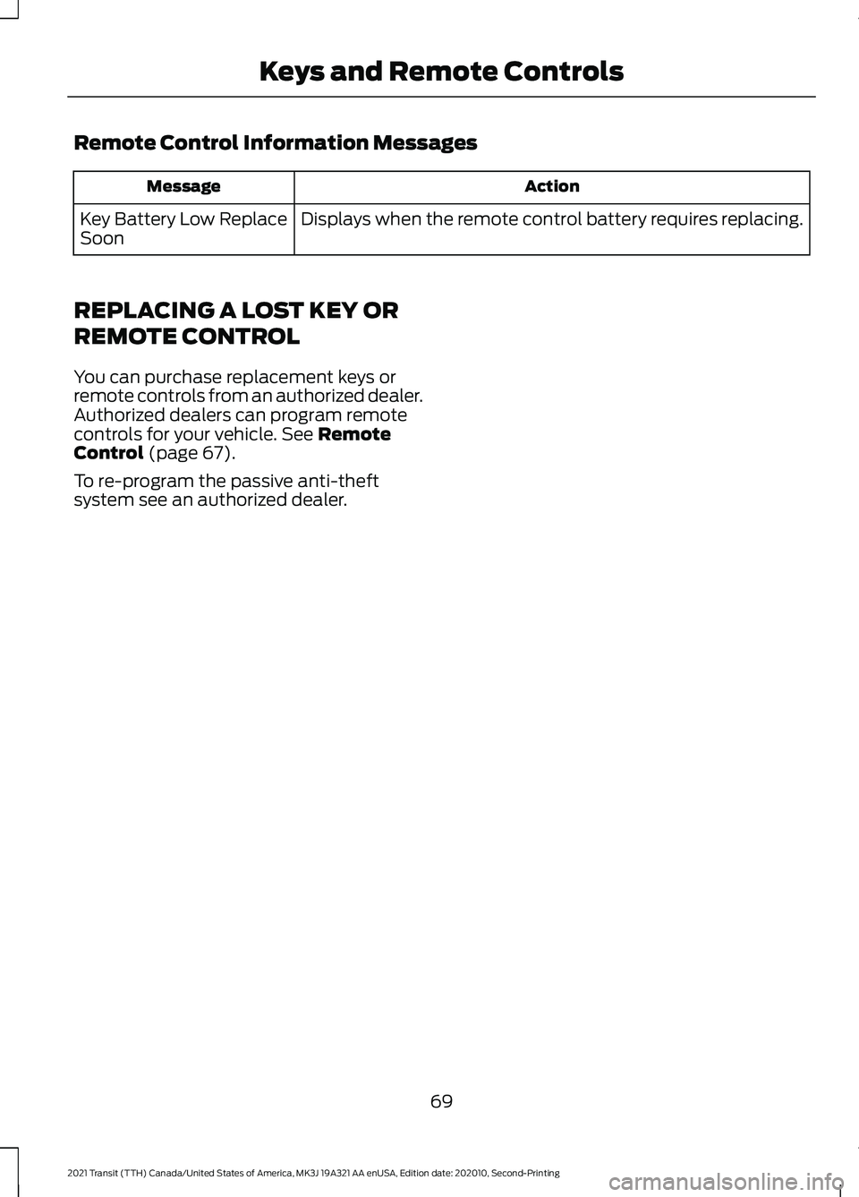 FORD TRANSIT 2021 Owners Manual Remote Control Information Messages
Action
Message
Displays when the remote control battery requires replacing.
Key Battery Low Replace
Soon
REPLACING A LOST KEY OR
REMOTE CONTROL
You can purchase rep FORD TRANSIT 2021 Owners Manual Remote Control Information Messages
Action
Message
Displays when the remote control battery requires replacing.
Key Battery Low Replace
Soon
REPLACING A LOST KEY OR
REMOTE CONTROL
You can purchase rep