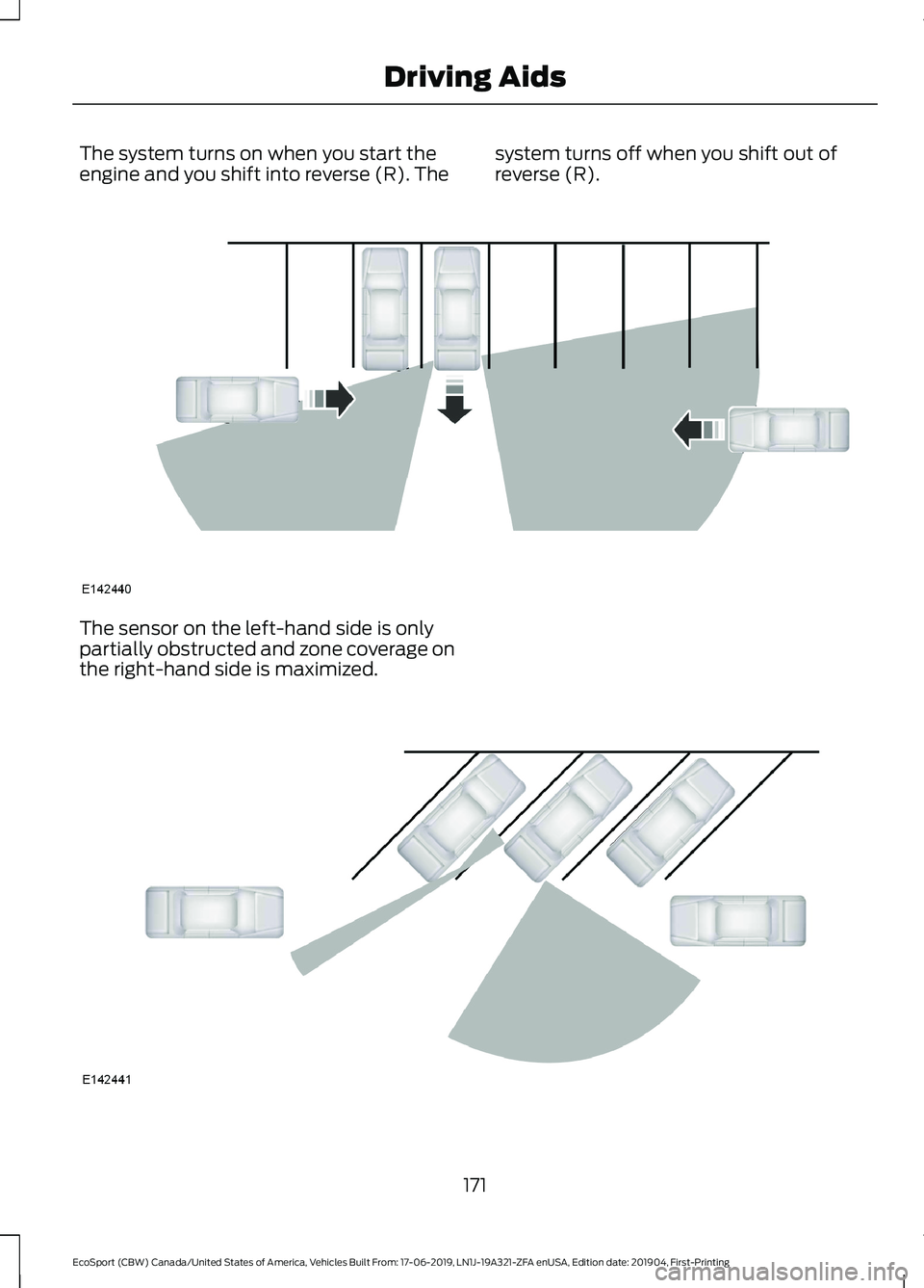 FORD ECOSPORT 2020 Owners Manual The system turns on when you start theengine and you shift into reverse (R). Thesystem turns off when you shift out ofreverse (R).
The sensor on the left-hand side is onlypartially obstructed and zone FORD ECOSPORT 2020 Owners Manual The system turns on when you start theengine and you shift into reverse (R). Thesystem turns off when you shift out ofreverse (R).
The sensor on the left-hand side is onlypartially obstructed and zone
