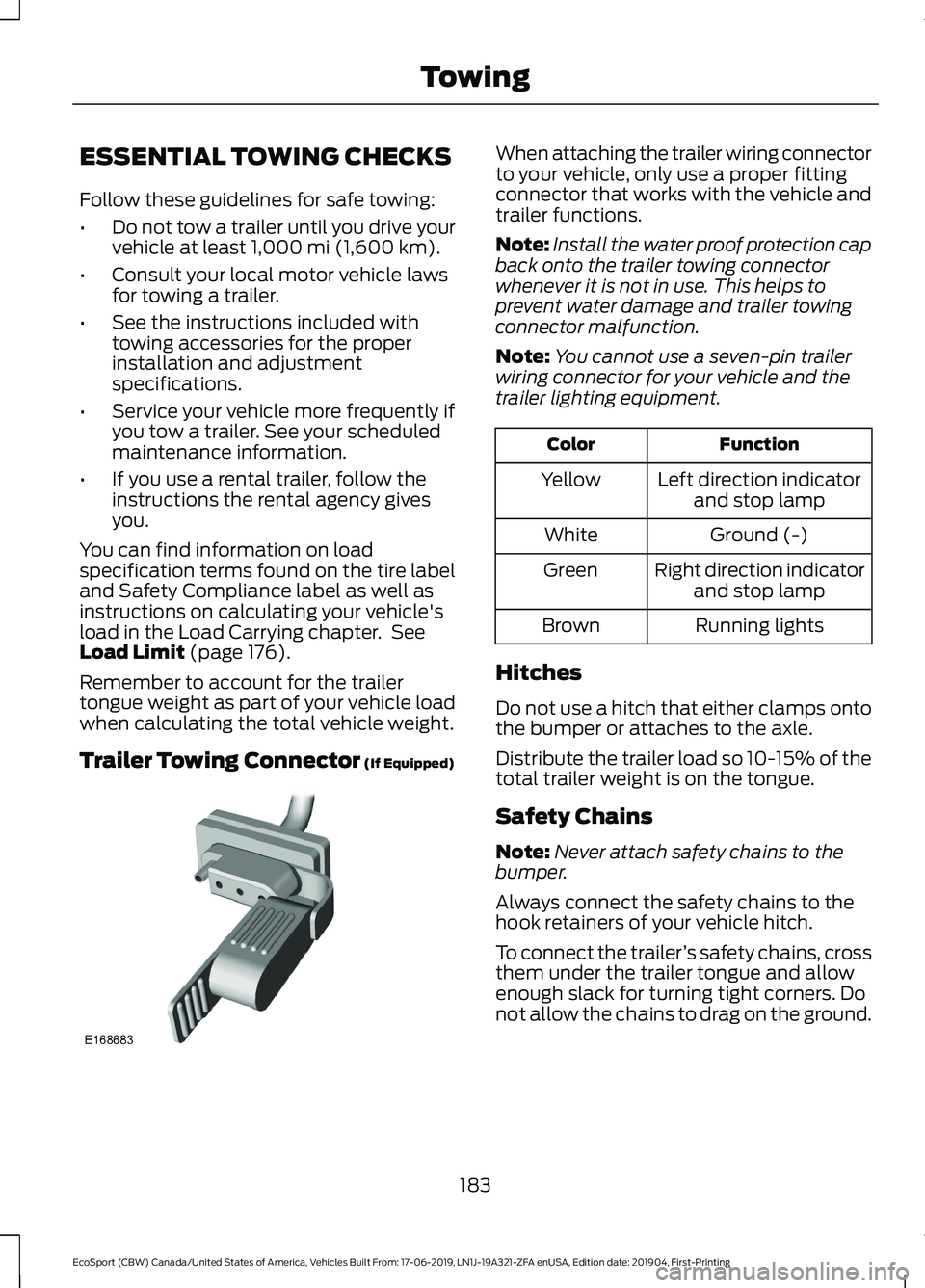 FORD ECOSPORT 2020  Owners Manual ESSENTIAL TOWING CHECKS
Follow these guidelines for safe towing:
•Do not tow a trailer until you drive yourvehicle at least 1,000 mi (1,600 km).
•Consult your local motor vehicle lawsfor towing a 