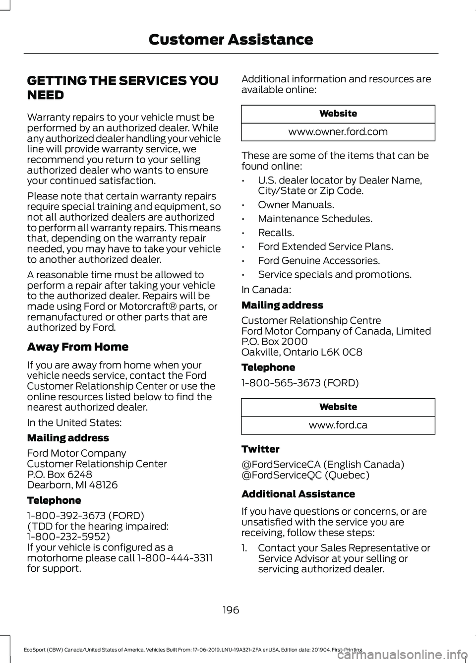 FORD ECOSPORT 2020 Owners Manual GETTING THE SERVICES YOU
NEED
Warranty repairs to your vehicle must beperformed by an authorized dealer. Whileany authorized dealer handling your vehicleline will provide warranty service, werecommend FORD ECOSPORT 2020 Owners Manual GETTING THE SERVICES YOU
NEED
Warranty repairs to your vehicle must beperformed by an authorized dealer. Whileany authorized dealer handling your vehicleline will provide warranty service, werecommend