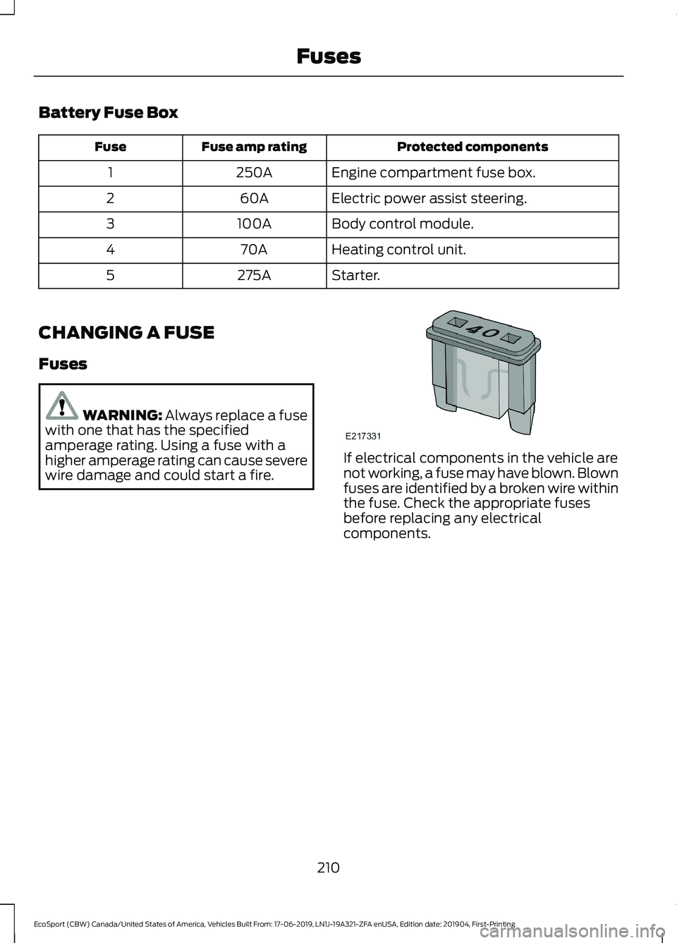 FORD ECOSPORT 2020 Owners Manual Battery Fuse Box
Protected componentsFuse amp ratingFuse
Engine compartment fuse box.250A1
Electric power assist steering.60A2
Body control module.100A3
Heating control unit.70A4
Starter.275A5
CHANGIN FORD ECOSPORT 2020 Owners Manual Battery Fuse Box
Protected componentsFuse amp ratingFuse
Engine compartment fuse box.250A1
Electric power assist steering.60A2
Body control module.100A3
Heating control unit.70A4
Starter.275A5
CHANGIN