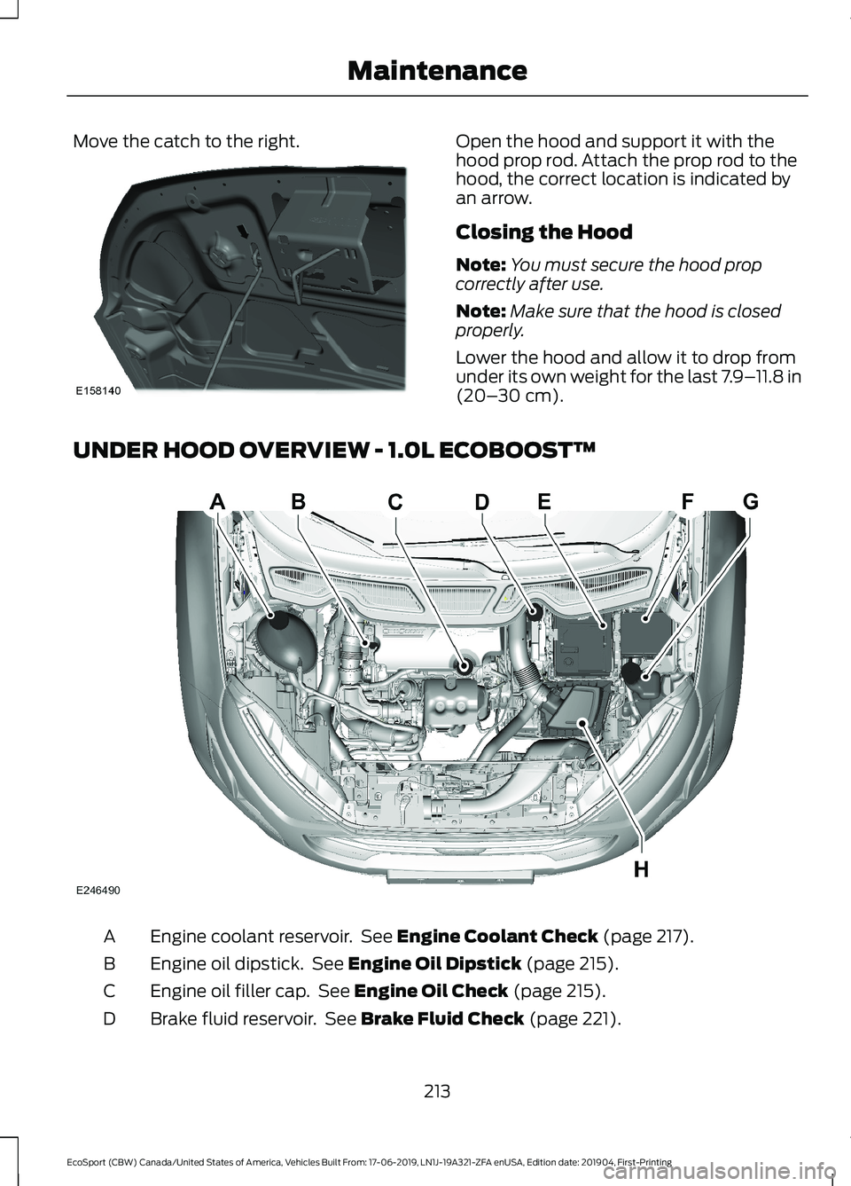 FORD ECOSPORT 2020 Owners Manual Move the catch to the right.Open the hood and support it with thehood prop rod. Attach the prop rod to thehood, the correct location is indicated byan arrow.
Closing the Hood
Note:You must secure the FORD ECOSPORT 2020 Owners Manual Move the catch to the right.Open the hood and support it with thehood prop rod. Attach the prop rod to thehood, the correct location is indicated byan arrow.
Closing the Hood
Note:You must secure the