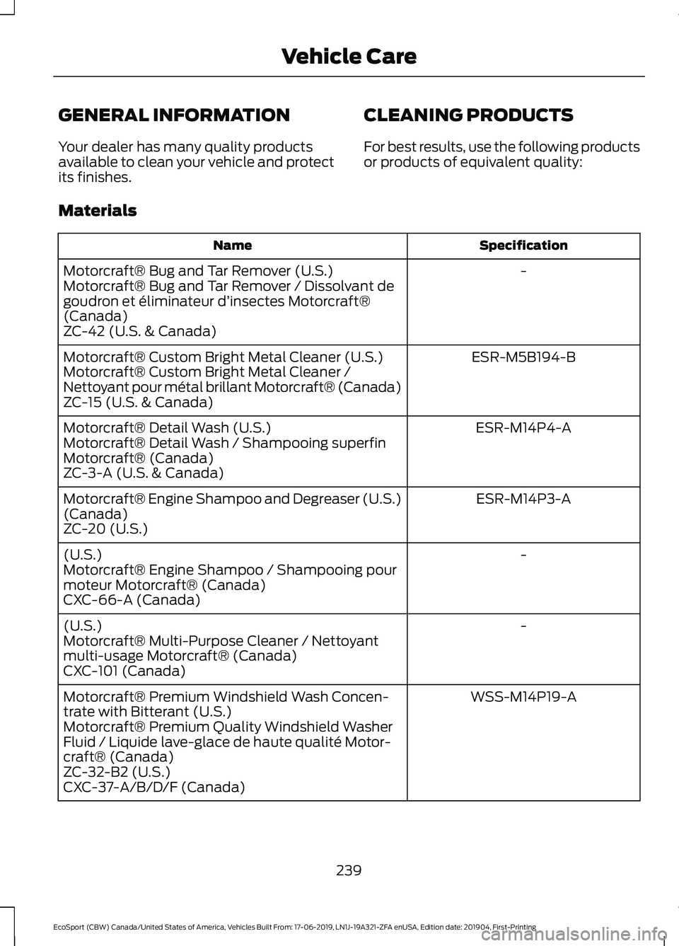 FORD ECOSPORT 2020 Owners Manual GENERAL INFORMATION
Your dealer has many quality productsavailable to clean your vehicle and protectits finishes.
CLEANING PRODUCTS
For best results, use the following productsor products of equivalen FORD ECOSPORT 2020 Owners Manual GENERAL INFORMATION
Your dealer has many quality productsavailable to clean your vehicle and protectits finishes.
CLEANING PRODUCTS
For best results, use the following productsor products of equivalen