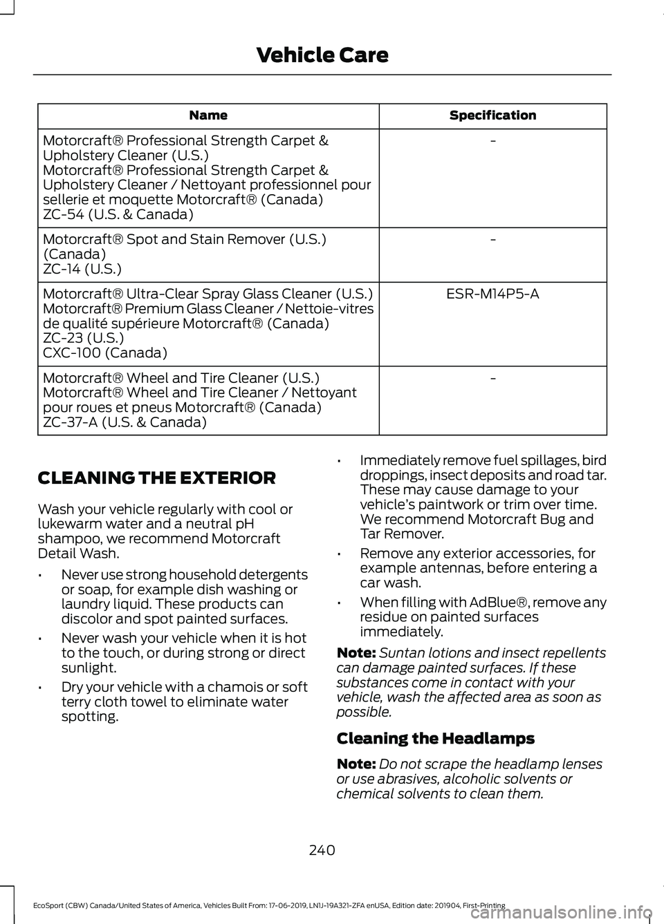FORD ECOSPORT 2020 Owners Manual SpecificationName
-Motorcraft® Professional Strength Carpet &Upholstery Cleaner (U.S.)Motorcraft® Professional Strength Carpet &Upholstery Cleaner / Nettoyant professionnel poursellerie et moquette FORD ECOSPORT 2020 Owners Manual SpecificationName
-Motorcraft® Professional Strength Carpet &Upholstery Cleaner (U.S.)Motorcraft® Professional Strength Carpet &Upholstery Cleaner / Nettoyant professionnel poursellerie et moquette