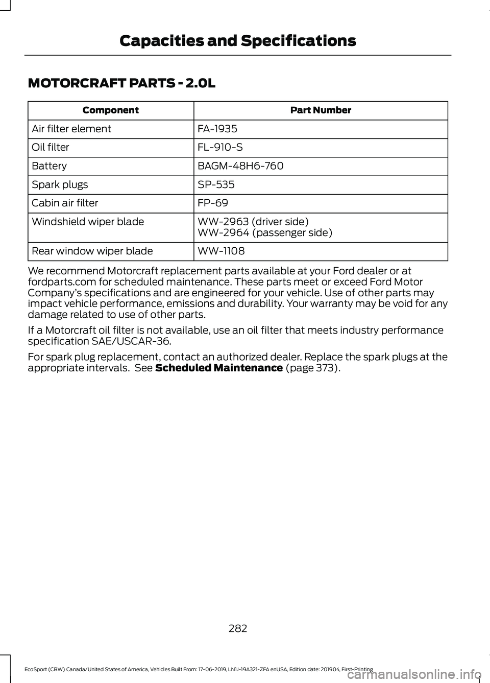FORD ECOSPORT 2020 Owners Manual MOTORCRAFT PARTS - 2.0L
Part NumberComponent
FA-1935Air filter element
FL-910-SOil filter
BAGM-48H6-760Battery
SP-535Spark plugs
FP-69Cabin air filter
WW-2963 (driver side)Windshield wiper bladeWW-296 FORD ECOSPORT 2020 Owners Manual MOTORCRAFT PARTS - 2.0L
Part NumberComponent
FA-1935Air filter element
FL-910-SOil filter
BAGM-48H6-760Battery
SP-535Spark plugs
FP-69Cabin air filter
WW-2963 (driver side)Windshield wiper bladeWW-296