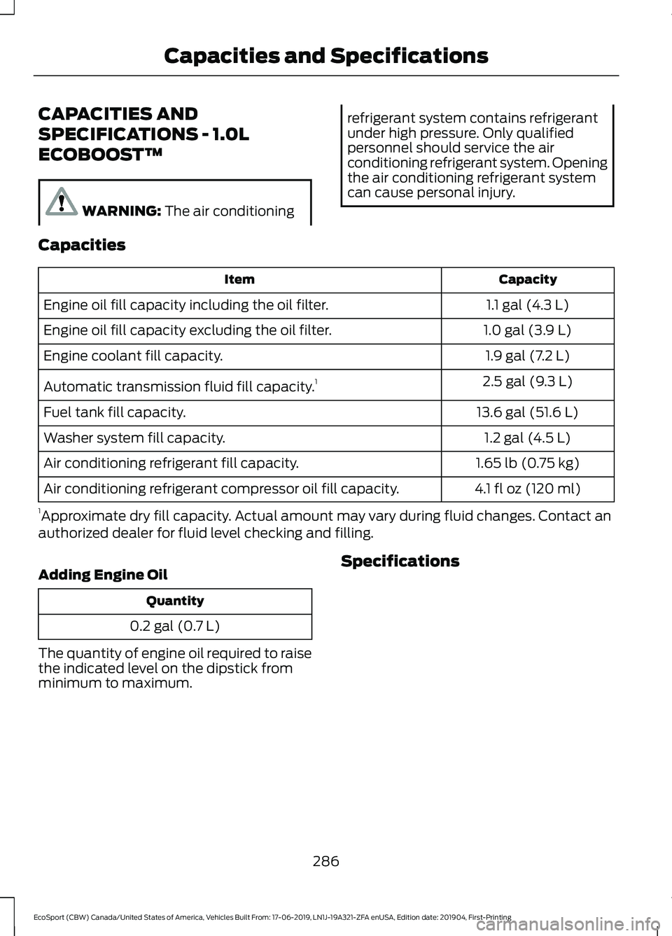 FORD ECOSPORT 2020  Owners Manual CAPACITIES AND
SPECIFICATIONS - 1.0L
ECOBOOST™
WARNING: The air conditioning
refrigerant system contains refrigerantunder high pressure. Only qualifiedpersonnel should service the airconditioning re