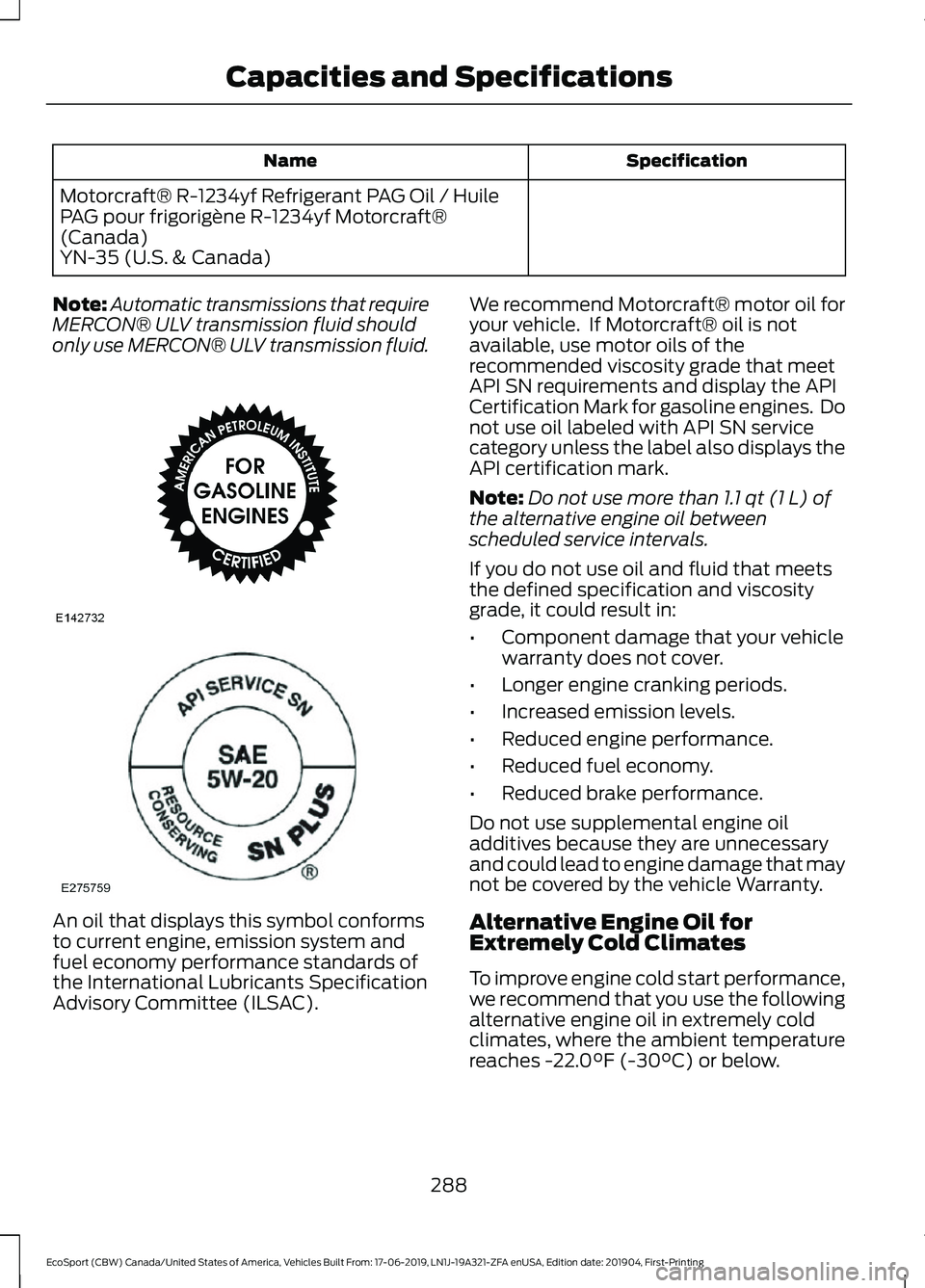 FORD ECOSPORT 2020  Owners Manual SpecificationName
Motorcraft® R-1234yf Refrigerant PAG Oil / HuilePAG pour frigorigène R-1234yf Motorcraft®(Canada)YN-35 (U.S. & Canada)
Note:Automatic transmissions that requireMERCON® ULV transm