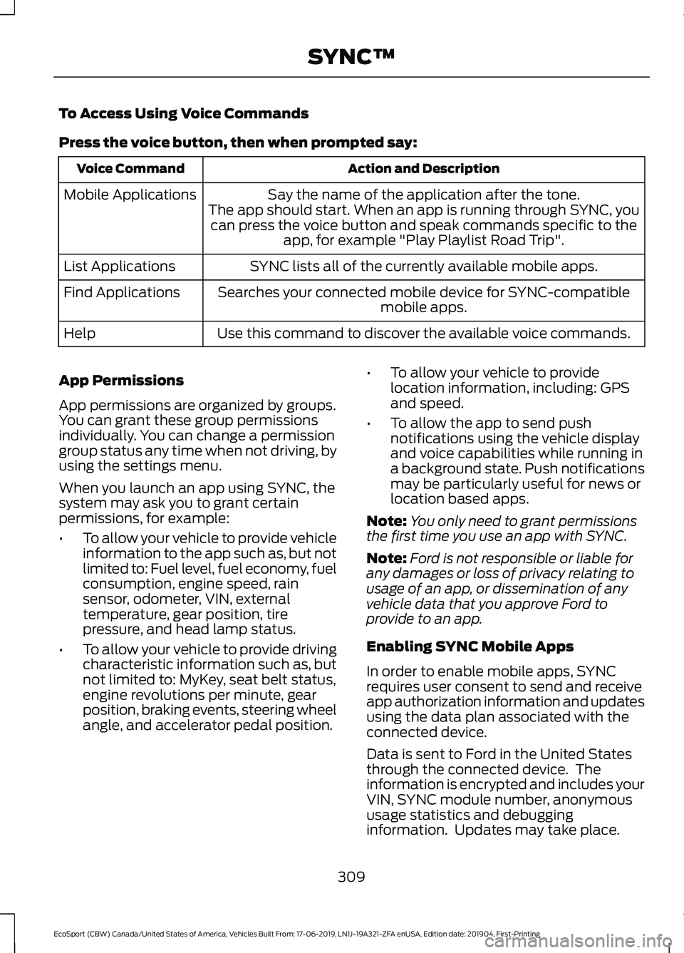 FORD ECOSPORT 2020 Owners Guide To Access Using Voice Commands
Press the voice button, then when prompted say:
Action and DescriptionVoice Command
Say the name of the application after the tone.The app should start. When an app is r FORD ECOSPORT 2020 Owners Guide To Access Using Voice Commands
Press the voice button, then when prompted say:
Action and DescriptionVoice Command
Say the name of the application after the tone.The app should start. When an app is r