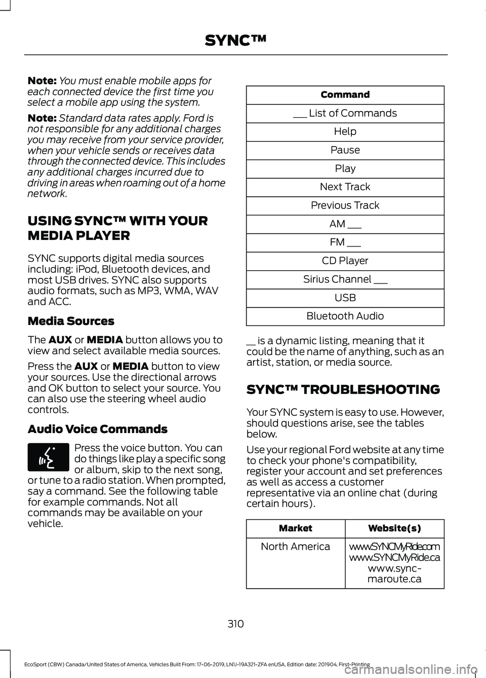 FORD ECOSPORT 2020 Owners Manual Note:You must enable mobile apps foreach connected device the first time youselect a mobile app using the system.
Note:Standard data rates apply. Ford isnot responsible for any additional chargesyou m FORD ECOSPORT 2020 Owners Manual Note:You must enable mobile apps foreach connected device the first time youselect a mobile app using the system.
Note:Standard data rates apply. Ford isnot responsible for any additional chargesyou m