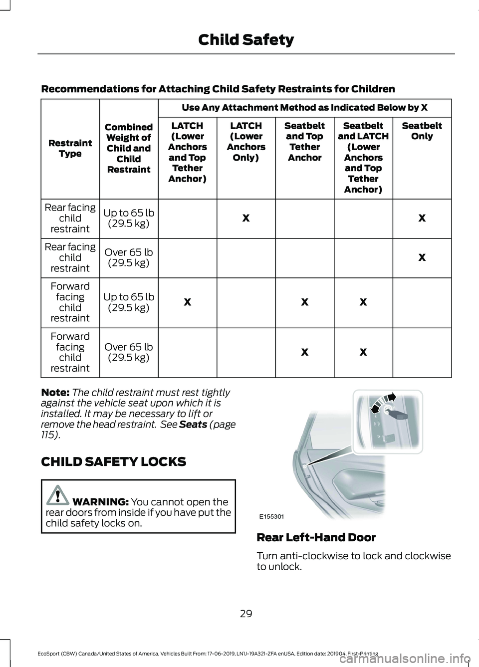 FORD ECOSPORT 2020  Owners Manual Recommendations for Attaching Child Safety Restraints for Children
Use Any Attachment Method as Indicated Below by X
CombinedWeight ofChild andChildRestraint
RestraintType
SeatbeltOnlySeatbeltand LATC