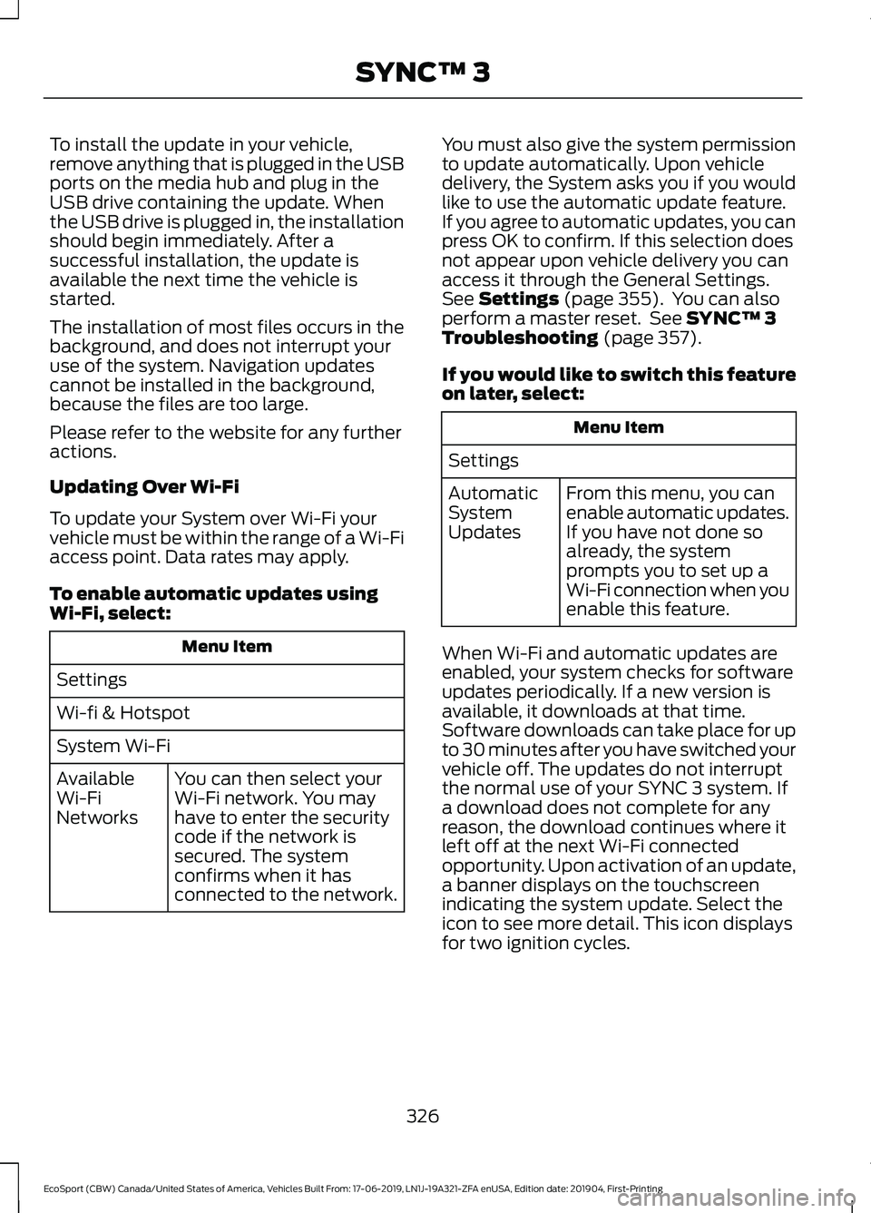 FORD ECOSPORT 2020 Owners Manual To install the update in your vehicle,remove anything that is plugged in the USBports on the media hub and plug in theUSB drive containing the update. Whenthe USB drive is plugged in, the installation FORD ECOSPORT 2020 Owners Manual To install the update in your vehicle,remove anything that is plugged in the USBports on the media hub and plug in theUSB drive containing the update. Whenthe USB drive is plugged in, the installation