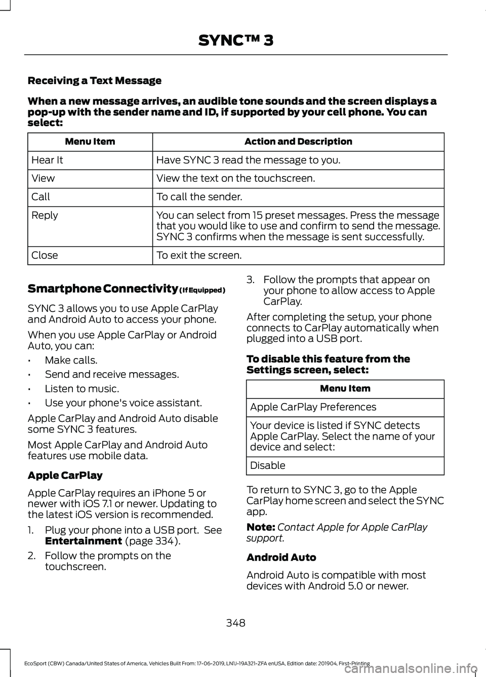 FORD ECOSPORT 2020 Owners Manual Receiving a Text Message
When a new message arrives, an audible tone sounds and the screen displays apop-up with the sender name and ID, if supported by your cell phone. You canselect:
Action and Desc FORD ECOSPORT 2020 Owners Manual Receiving a Text Message
When a new message arrives, an audible tone sounds and the screen displays apop-up with the sender name and ID, if supported by your cell phone. You canselect:
Action and Desc