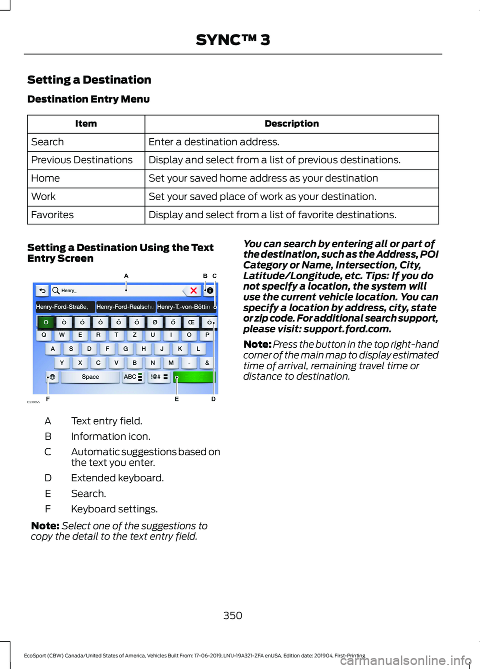 FORD ECOSPORT 2020 Owners Manual Setting a Destination
Destination Entry Menu
DescriptionItem
Enter a destination address.Search
Display and select from a list of previous destinations.Previous Destinations
Set your saved home addres FORD ECOSPORT 2020 Owners Manual Setting a Destination
Destination Entry Menu
DescriptionItem
Enter a destination address.Search
Display and select from a list of previous destinations.Previous Destinations
Set your saved home addres