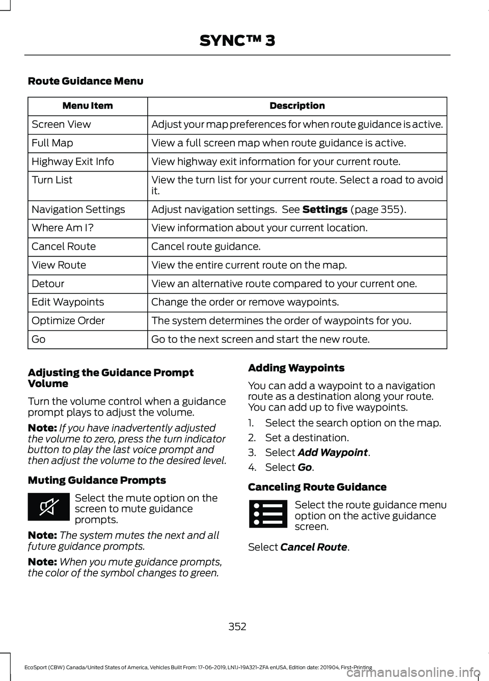 FORD ECOSPORT 2020 Owners Manual Route Guidance Menu
DescriptionMenu Item
Adjust your map preferences for when route guidance is active.Screen View
View a full screen map when route guidance is active.Full Map
View highway exit infor FORD ECOSPORT 2020 Owners Manual Route Guidance Menu
DescriptionMenu Item
Adjust your map preferences for when route guidance is active.Screen View
View a full screen map when route guidance is active.Full Map
View highway exit infor