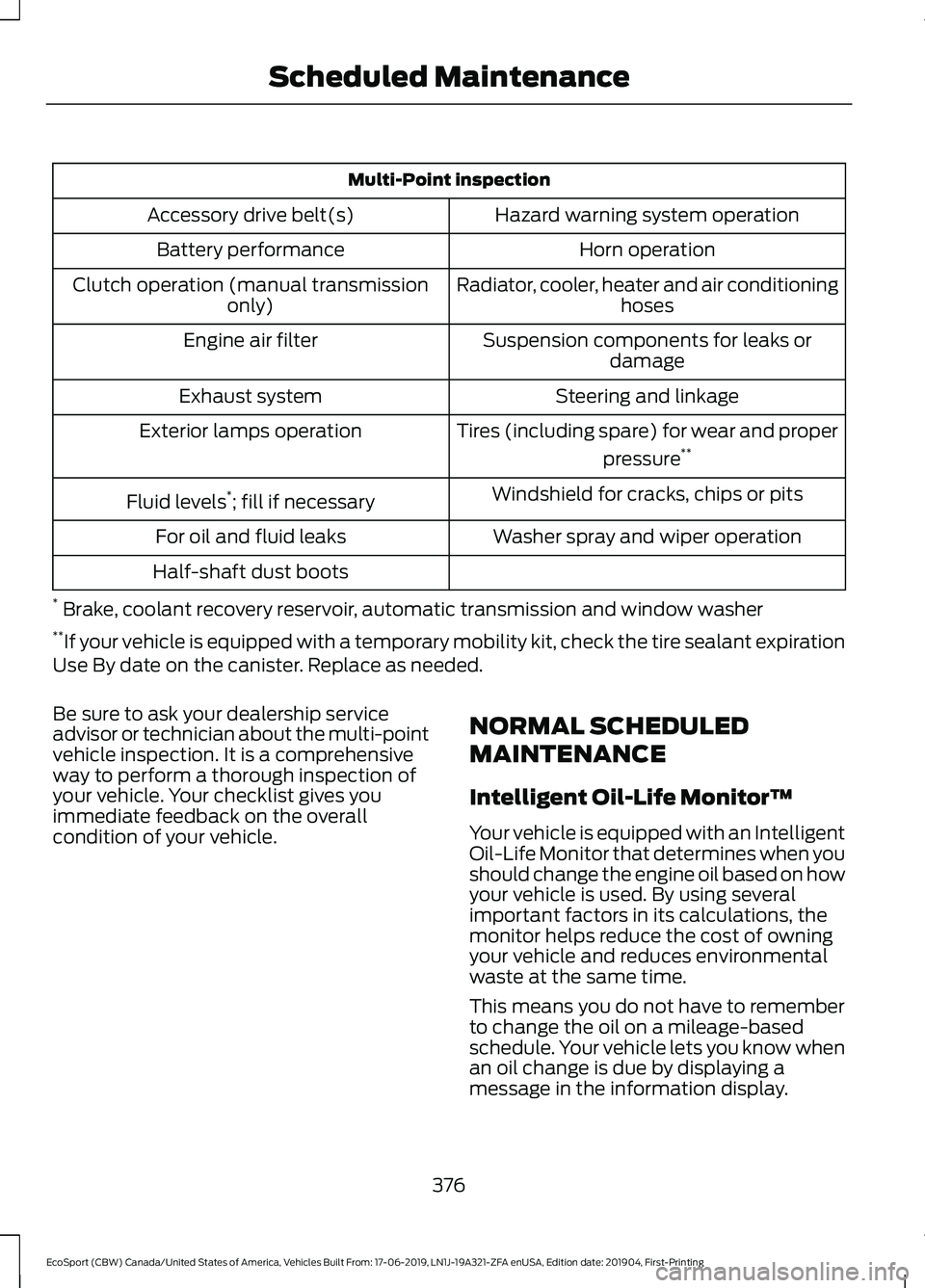 FORD ECOSPORT 2020 Service Manual Multi-Point inspection
Hazard warning system operationAccessory drive belt(s)
Horn operationBattery performance
Radiator, cooler, heater and air conditioninghosesClutch operation (manual transmissiono FORD ECOSPORT 2020 Service Manual Multi-Point inspection
Hazard warning system operationAccessory drive belt(s)
Horn operationBattery performance
Radiator, cooler, heater and air conditioninghosesClutch operation (manual transmissiono
