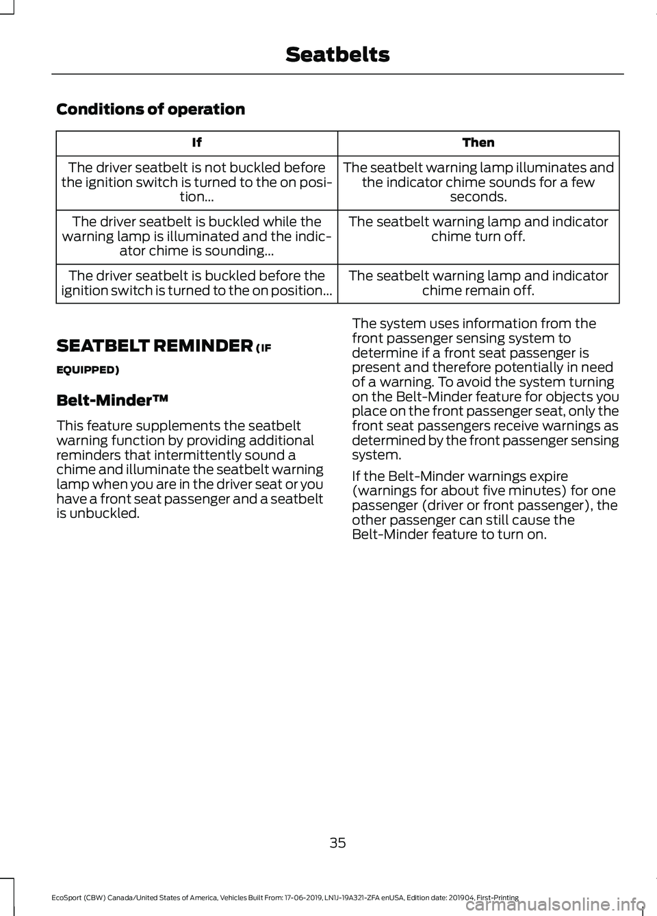 FORD ECOSPORT 2020 Owners Guide Conditions of operation
ThenIf
The seatbelt warning lamp illuminates andthe indicator chime sounds for a fewseconds.
The driver seatbelt is not buckled beforethe ignition switch is turned to the on po FORD ECOSPORT 2020 Owners Guide Conditions of operation
ThenIf
The seatbelt warning lamp illuminates andthe indicator chime sounds for a fewseconds.
The driver seatbelt is not buckled beforethe ignition switch is turned to the on po