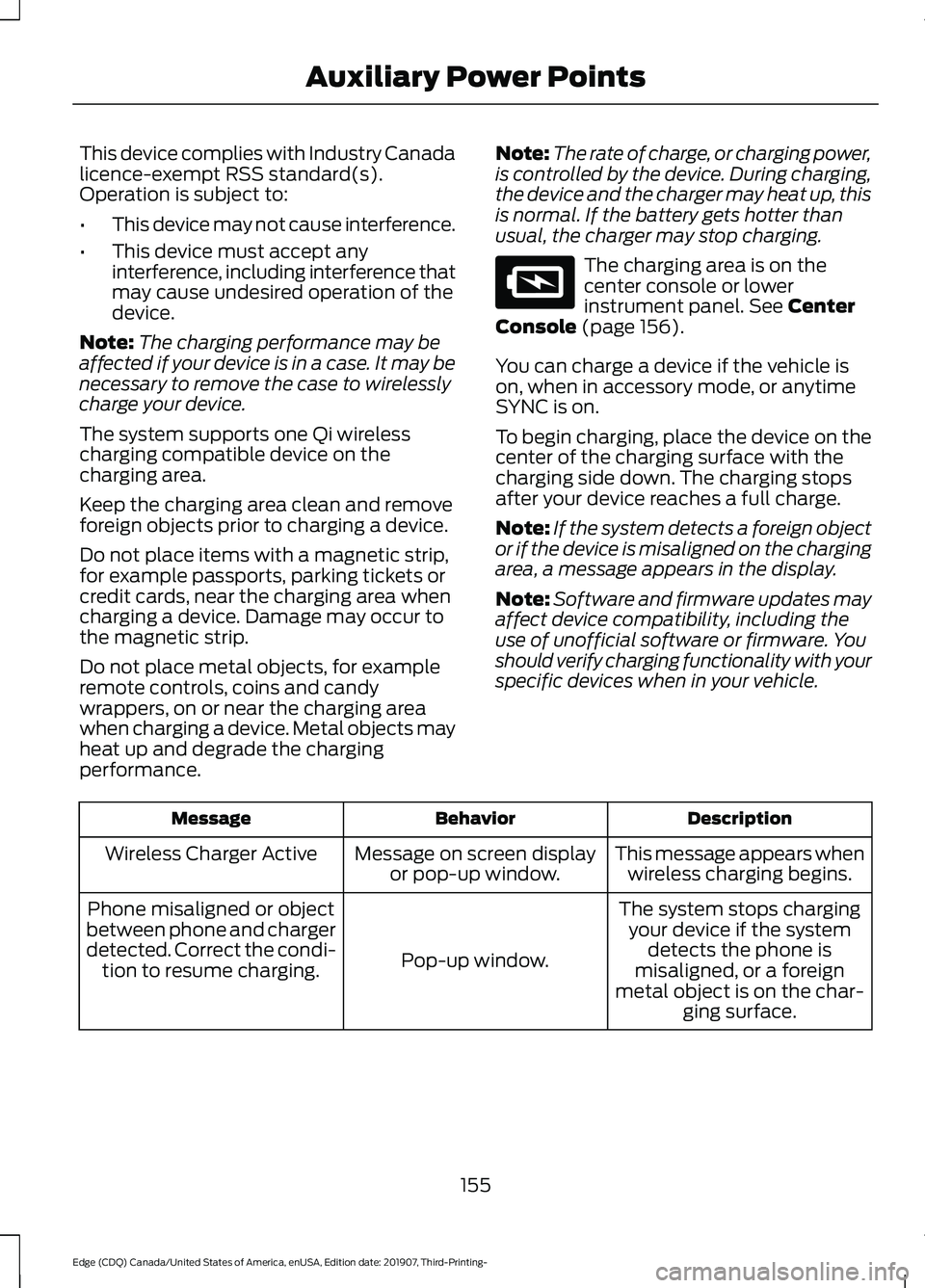 FORD EDGE 2020  Owners Manual This device complies with Industry Canada
licence-exempt RSS standard(s).
Operation is subject to:
•
This device may not cause interference.
• This device must accept any
interference, including i