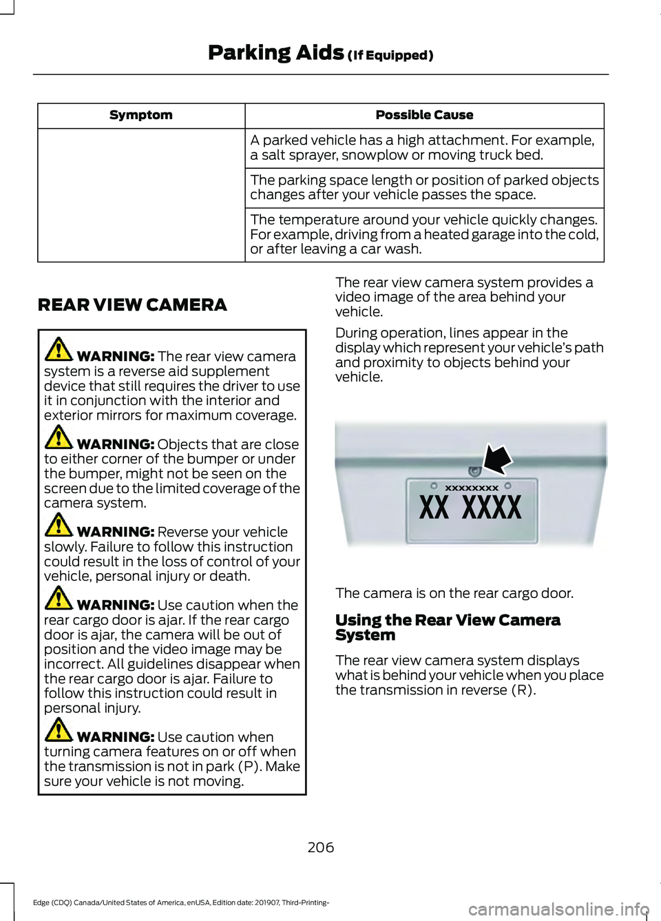 FORD EDGE 2020 Manual Online Possible Cause
Symptom
A parked vehicle has a high attachment. For example,
a salt sprayer, snowplow or moving truck bed.
The parking space length or position of parked objects
changes after your vehi FORD EDGE 2020 Manual Online Possible Cause
Symptom
A parked vehicle has a high attachment. For example,
a salt sprayer, snowplow or moving truck bed.
The parking space length or position of parked objects
changes after your vehi