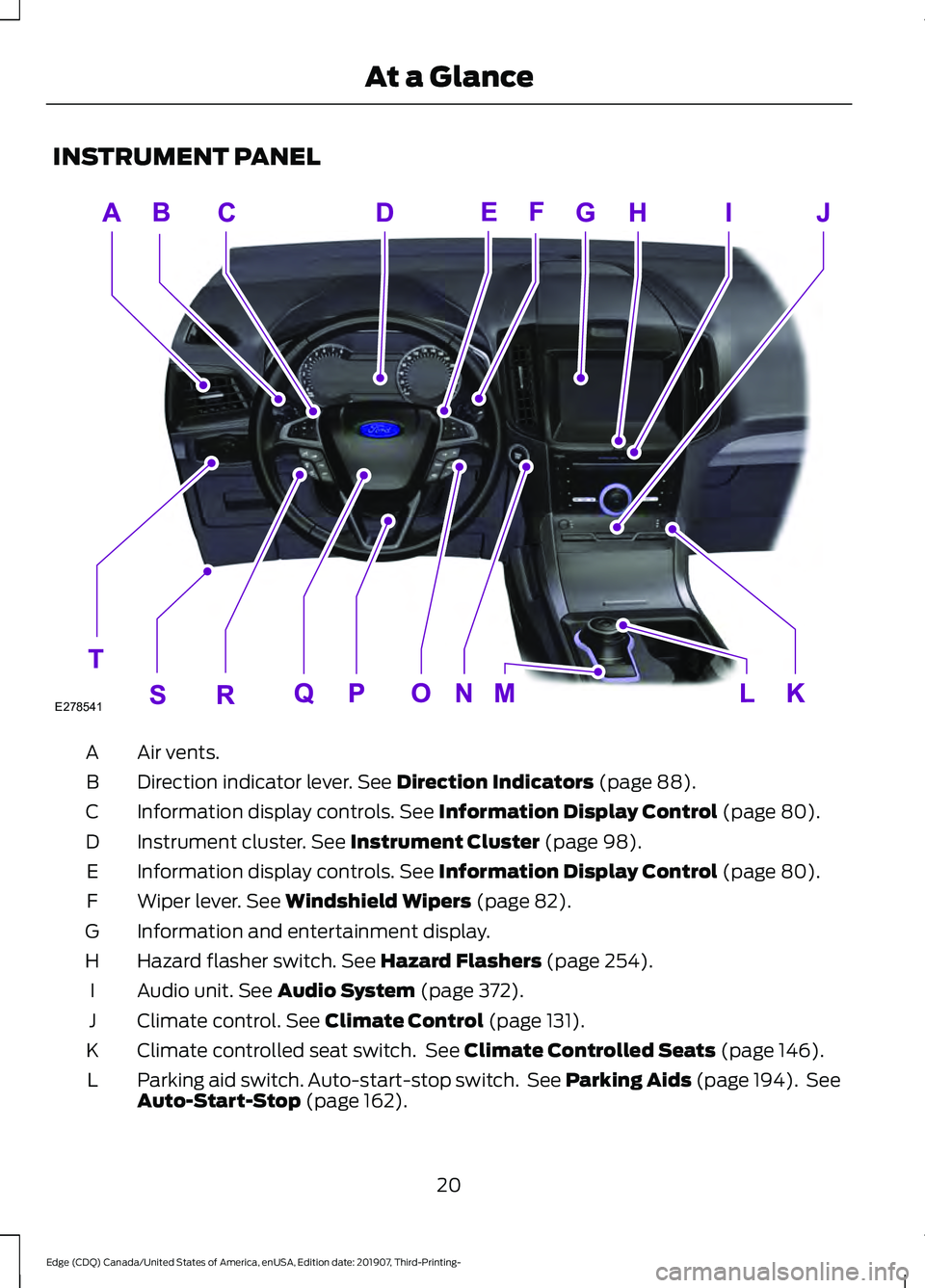 FORD EDGE 2020 Owners Manual INSTRUMENT PANEL
Air vents.
A
Direction indicator lever. See Direction Indicators (page 88).
B
Information display controls.
See Information Display Control (page 80).
C
Instrument cluster.
See Inst FORD EDGE 2020 Owners Manual INSTRUMENT PANEL
Air vents.
A
Direction indicator lever. See Direction Indicators (page 88).
B
Information display controls.
See Information Display Control (page 80).
C
Instrument cluster.
See Inst