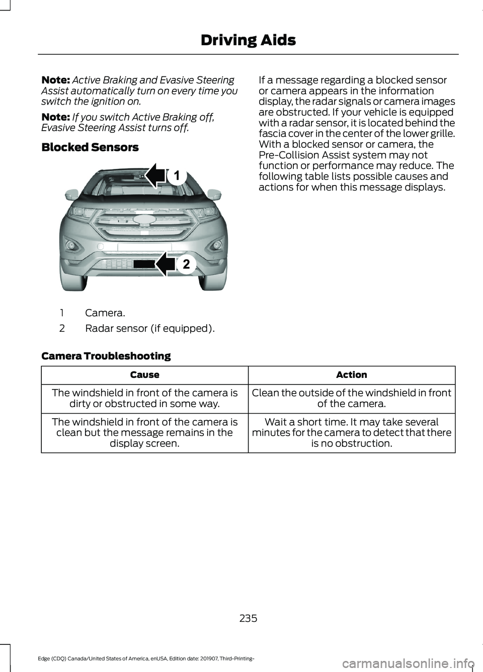 FORD EDGE 2020 Owners Manual Note:
Active Braking and Evasive Steering
Assist automatically turn on every time you
switch the ignition on.
Note: If you switch Active Braking off,
Evasive Steering Assist turns off.
Blocked Sensors FORD EDGE 2020 Owners Manual Note:
Active Braking and Evasive Steering
Assist automatically turn on every time you
switch the ignition on.
Note: If you switch Active Braking off,
Evasive Steering Assist turns off.
Blocked Sensors