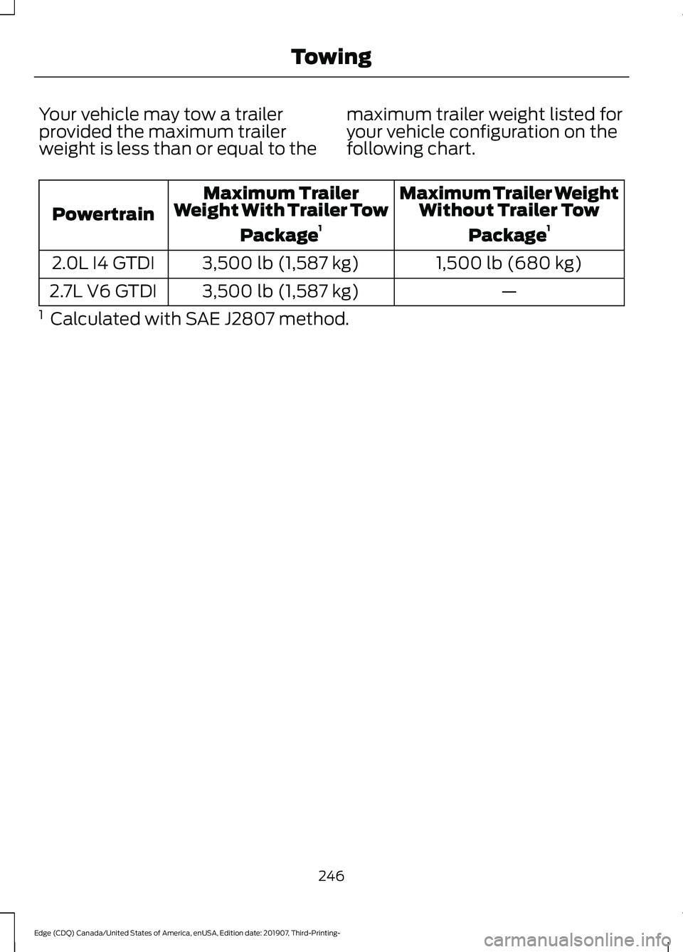 FORD EDGE 2020 Service Manual Your vehicle may tow a trailer
provided the maximum trailer
weight is less than or equal to the
maximum trailer weight listed for
your vehicle configuration on the
following chart. Maximum Trailer Wei FORD EDGE 2020 Service Manual Your vehicle may tow a trailer
provided the maximum trailer
weight is less than or equal to the
maximum trailer weight listed for
your vehicle configuration on the
following chart. Maximum Trailer Wei