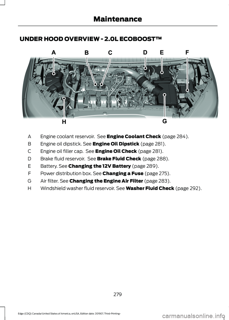 FORD EDGE 2020 Service Manual UNDER HOOD OVERVIEW - 2.0L ECOBOOST™
Engine coolant reservoir.  See Engine Coolant Check (page 284).
A
Engine oil dipstick.
 See Engine Oil Dipstick (page 281).
B
Engine oil filler cap.  See 
Engine