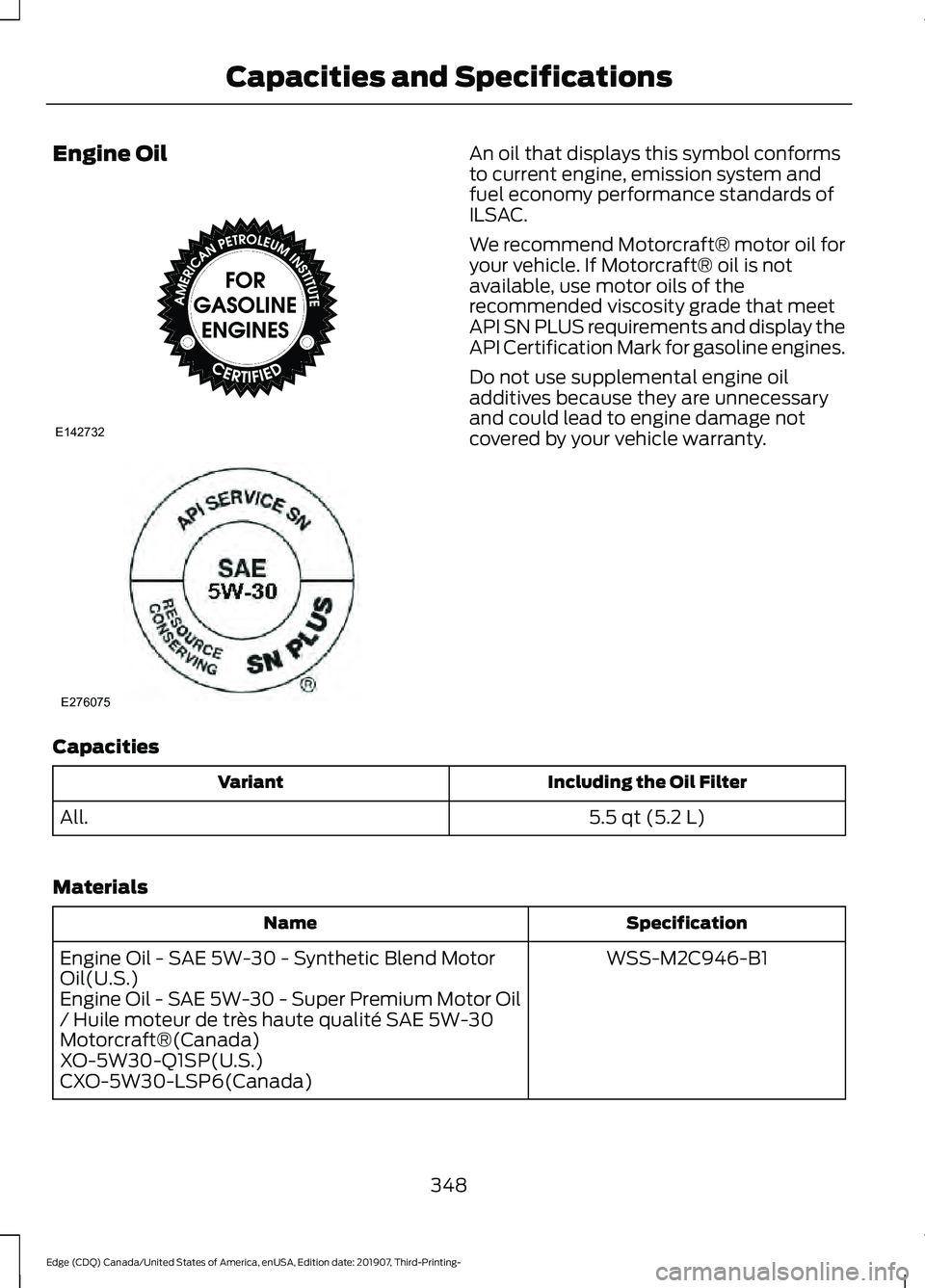 FORD EDGE 2020  Owners Manual Engine Oil An oil that displays this symbol conforms
to current engine, emission system and
fuel economy performance standards of
ILSAC.
We recommend Motorcraft® motor oil for
your vehicle. If Motorc