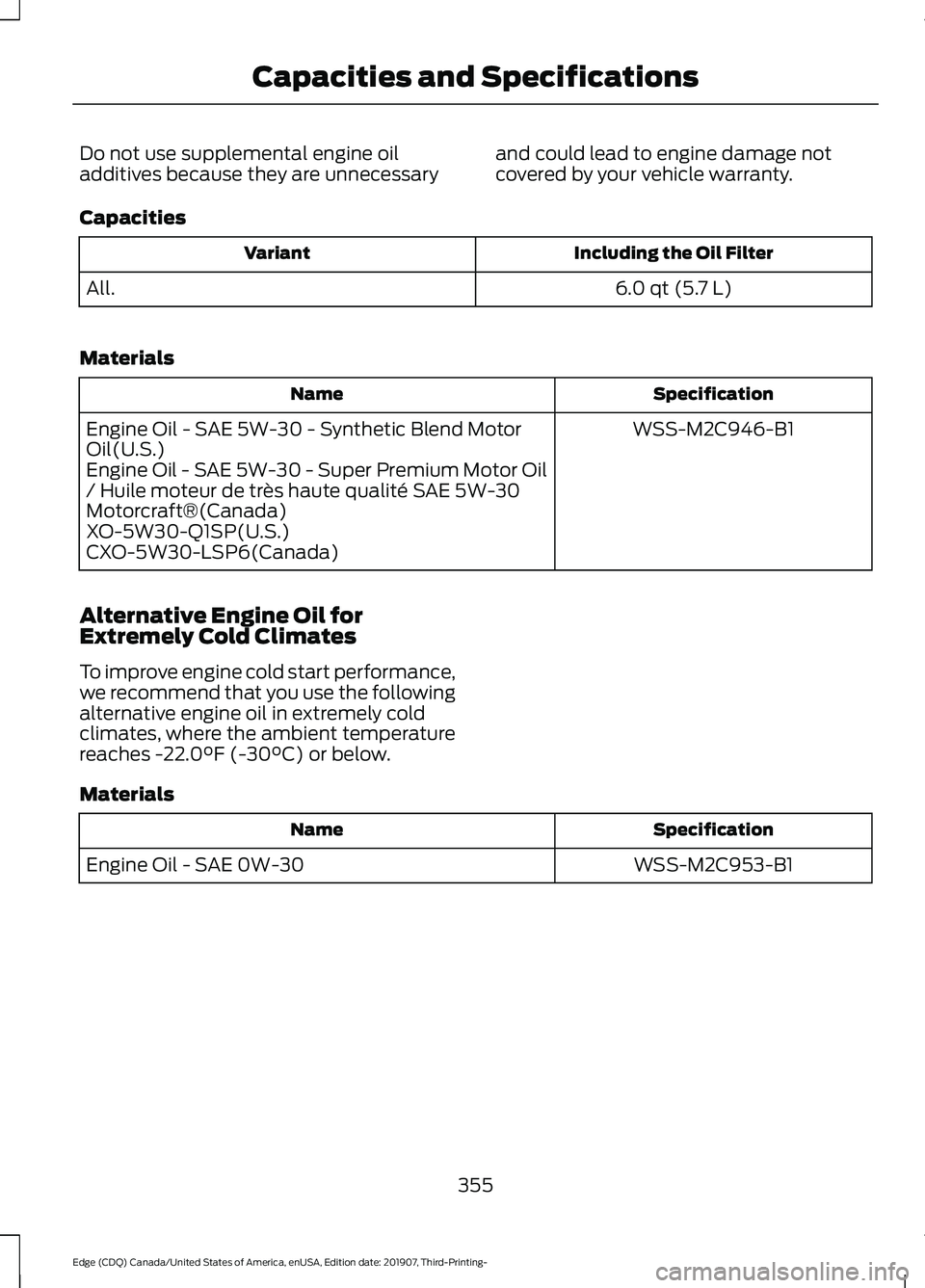 FORD EDGE 2020 Owners Manual Do not use supplemental engine oil
additives because they are unnecessary
and could lead to engine damage not
covered by your vehicle warranty.
Capacities Including the Oil Filter
Variant
6.0 qt (5.7 FORD EDGE 2020 Owners Manual Do not use supplemental engine oil
additives because they are unnecessary
and could lead to engine damage not
covered by your vehicle warranty.
Capacities Including the Oil Filter
Variant
6.0 qt (5.7