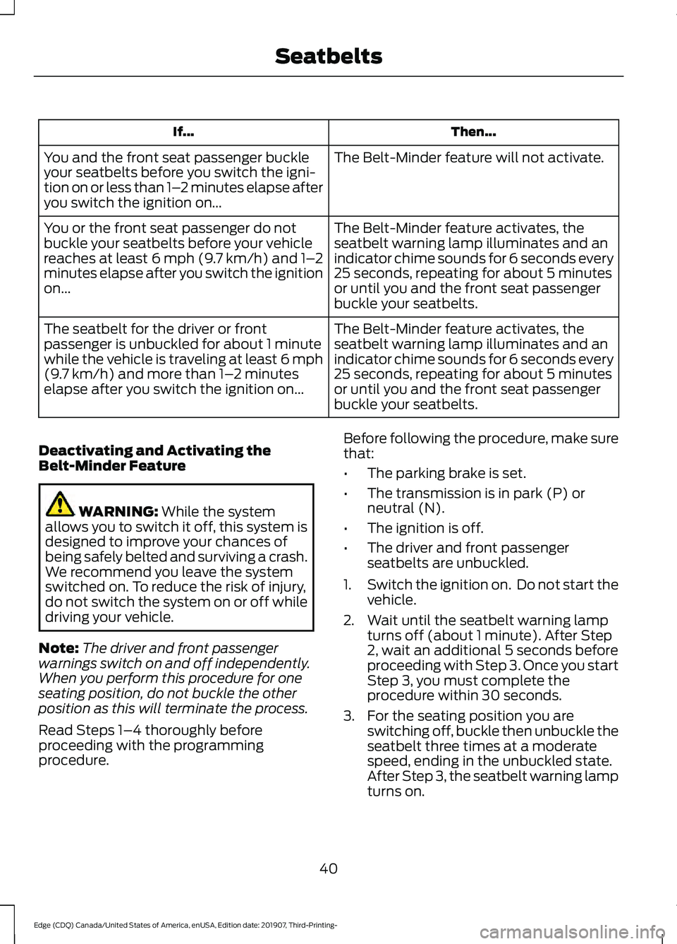 FORD EDGE 2020 Owners Manual Then...
If...
The Belt-Minder feature will not activate.
You and the front seat passenger buckle
your seatbelts before you switch the igni-
tion on or less than 1– 2 minutes elapse after
you switch FORD EDGE 2020 Owners Manual Then...
If...
The Belt-Minder feature will not activate.
You and the front seat passenger buckle
your seatbelts before you switch the igni-
tion on or less than 1– 2 minutes elapse after
you switch