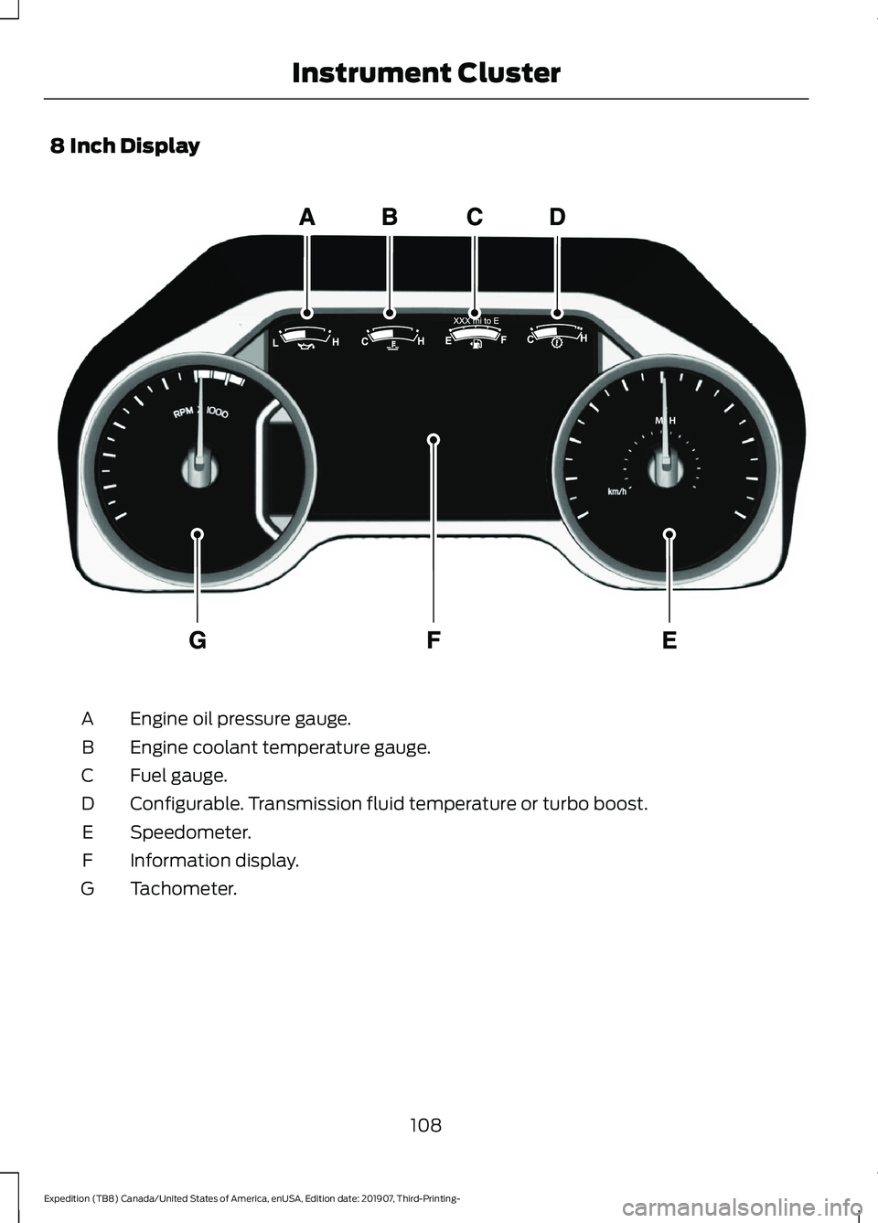 FORD EXPEDITION 2020 Owners Manual 8 Inch Display
Engine oil pressure gauge.
A
Engine coolant temperature gauge.
B
Fuel gauge.
C
Configurable. Transmission fluid temperature or turbo boost.
D
Speedometer.
E
Information display.
F
Tacho FORD EXPEDITION 2020 Owners Manual 8 Inch Display
Engine oil pressure gauge.
A
Engine coolant temperature gauge.
B
Fuel gauge.
C
Configurable. Transmission fluid temperature or turbo boost.
D
Speedometer.
E
Information display.
F
Tacho