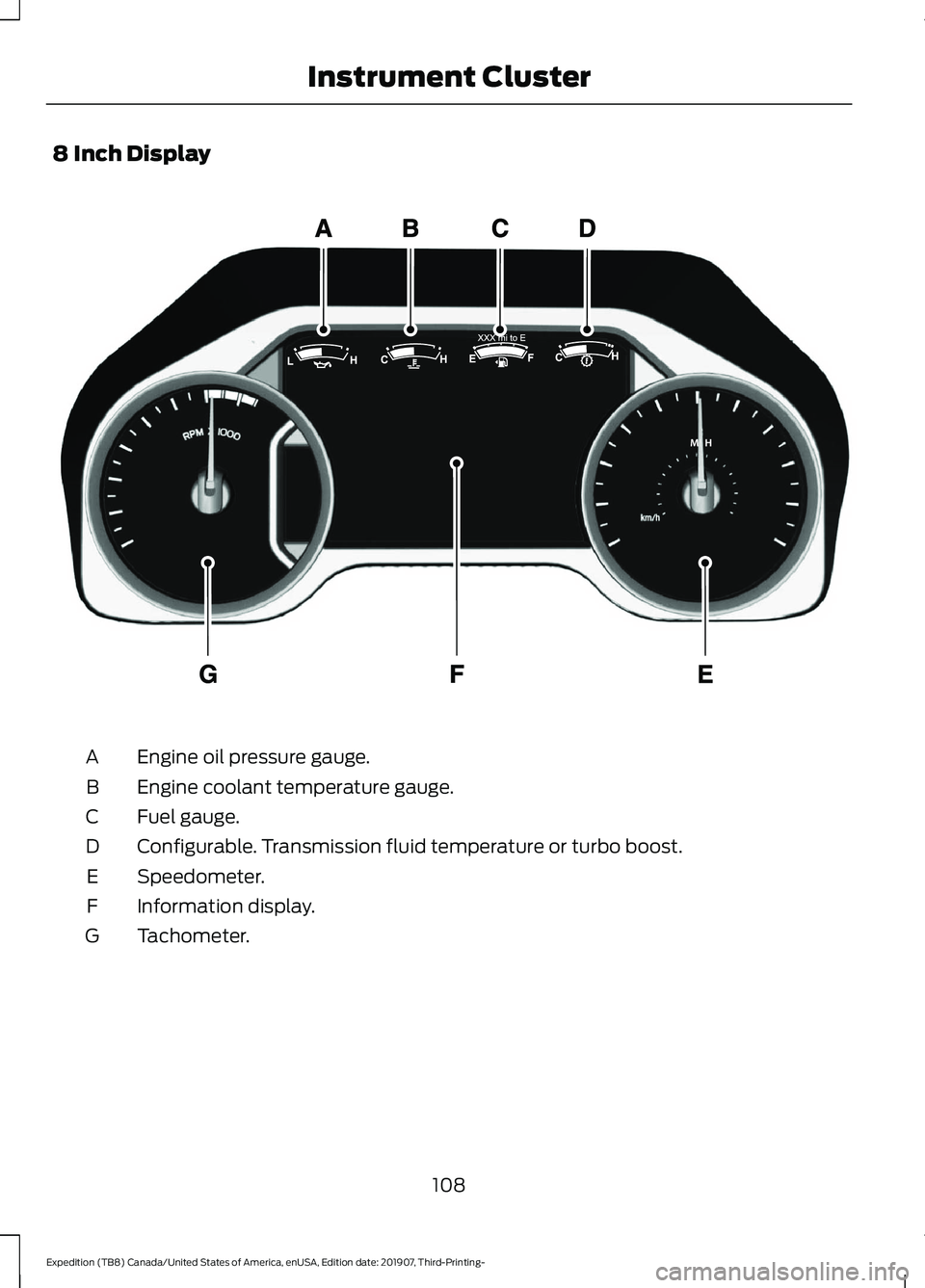 FORD EXPEDITION 2020  Owners Manual 8 Inch Display
Engine oil pressure gauge.
A
Engine coolant temperature gauge.
B
Fuel gauge.
C
Configurable. Transmission fluid temperature or turbo boost.
D
Speedometer.
E
Information display.
F
Tacho