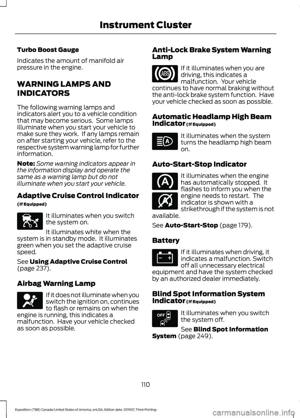 FORD EXPEDITION 2020 User Guide Turbo Boost Gauge
Indicates the amount of manifold air
pressure in the engine.
WARNING LAMPS AND
INDICATORS
The following warning lamps and
indicators alert you to a vehicle condition
that may become 