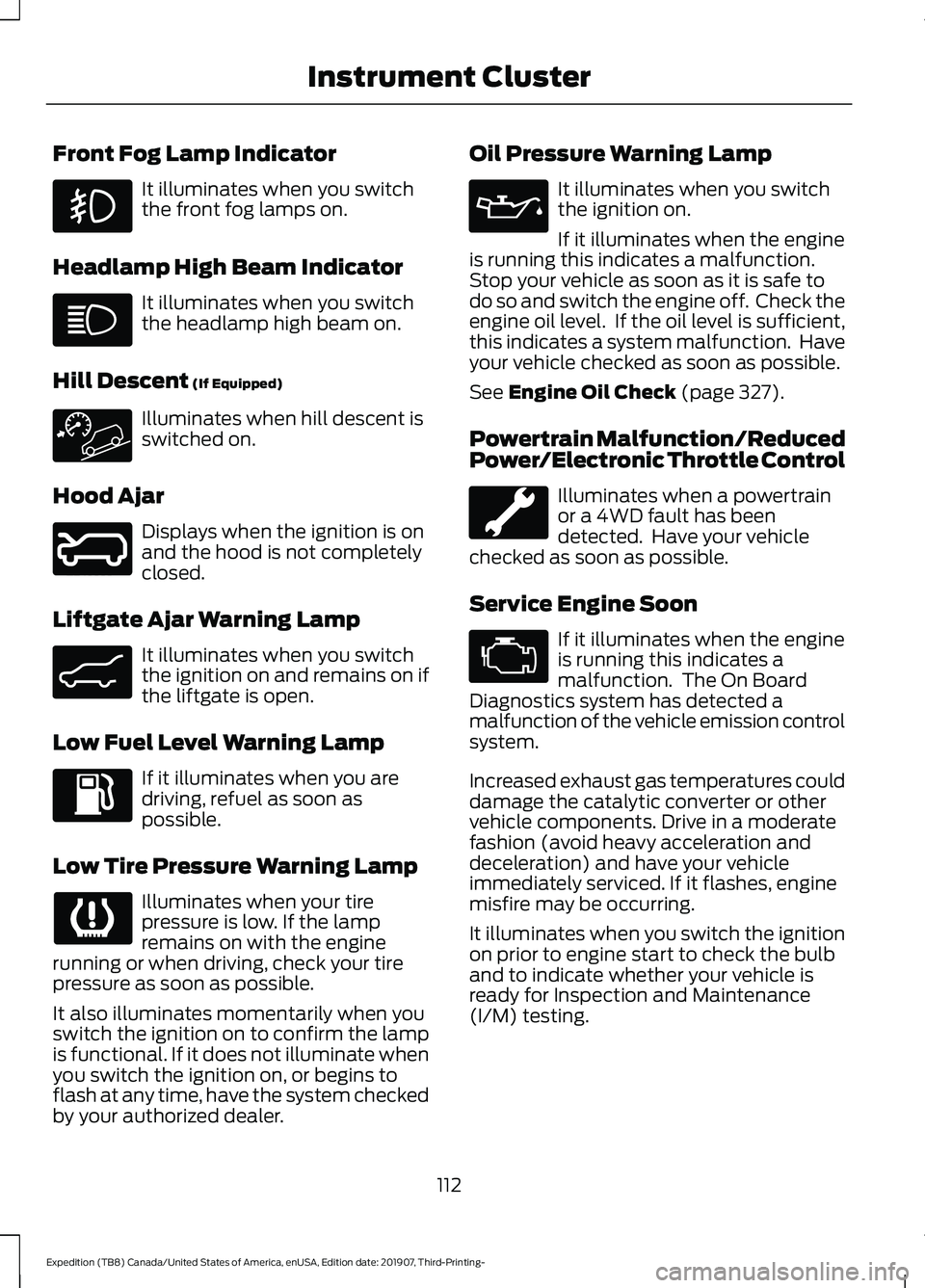 FORD EXPEDITION 2020 User Guide Front Fog Lamp Indicator
It illuminates when you switch
the front fog lamps on.
Headlamp High Beam Indicator It illuminates when you switch
the headlamp high beam on.
Hill Descent (If Equipped) Illumi