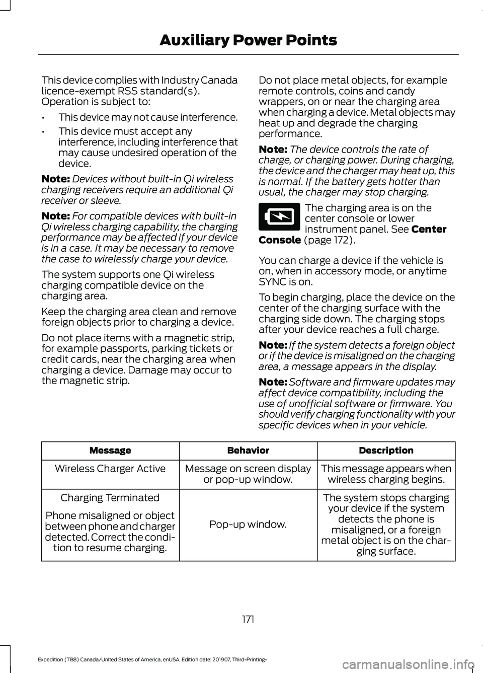 FORD EXPEDITION 2020  Owners Manual This device complies with Industry Canada
licence-exempt RSS standard(s).
Operation is subject to:
•
This device may not cause interference.
• This device must accept any
interference, including i