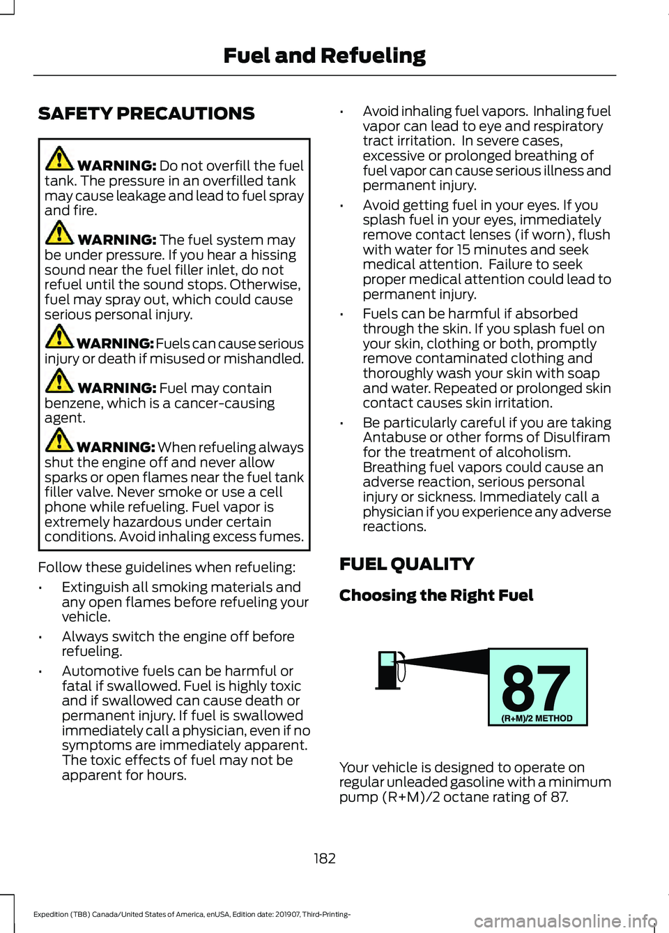 FORD EXPEDITION 2020  Owners Manual SAFETY PRECAUTIONS
WARNING: Do not overfill the fuel
tank. The pressure in an overfilled tank
may cause leakage and lead to fuel spray
and fire. WARNING: 
The fuel system may
be under pressure. If you