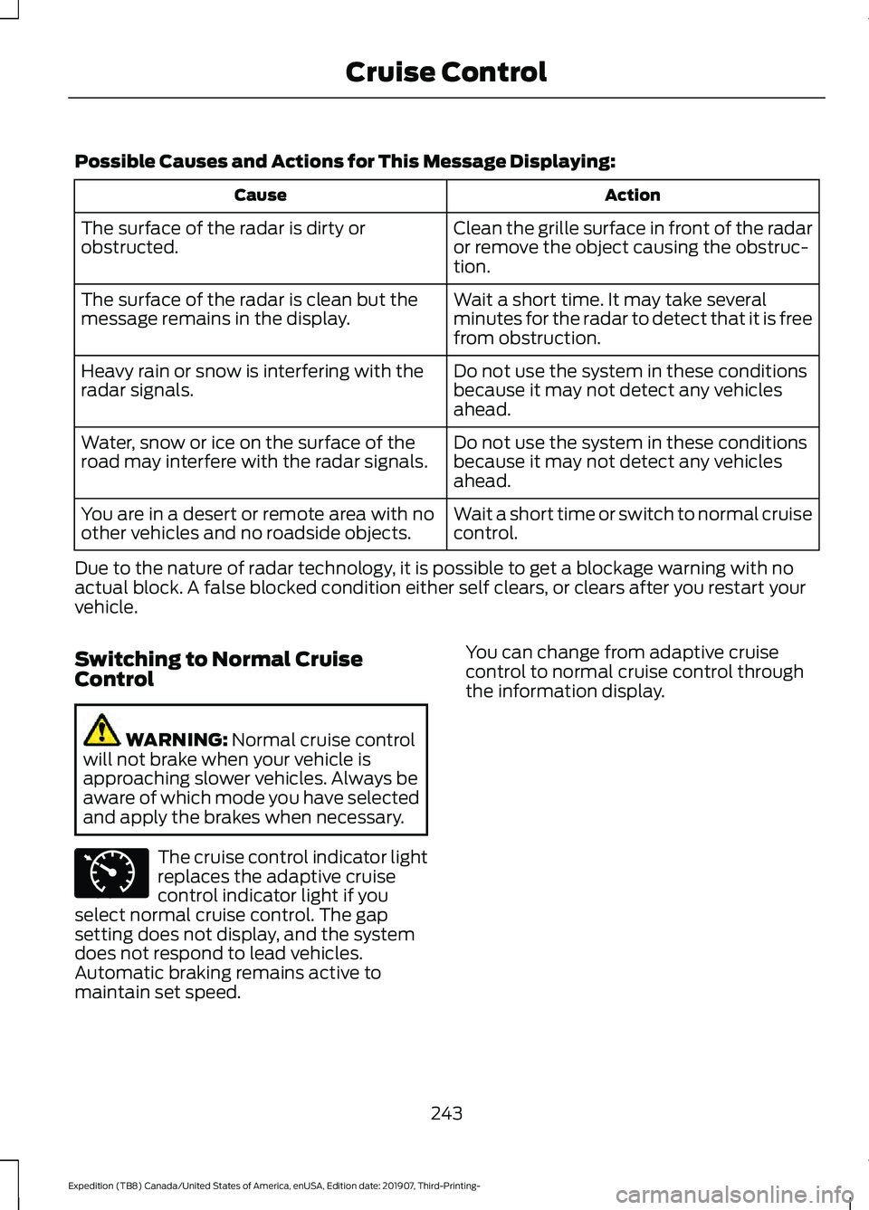 FORD EXPEDITION 2020 Owners Manual Possible Causes and Actions for This Message Displaying:
Action
Cause
Clean the grille surface in front of the radar
or remove the object causing the obstruc-
tion.
The surface of the radar is dirty o FORD EXPEDITION 2020 Owners Manual Possible Causes and Actions for This Message Displaying:
Action
Cause
Clean the grille surface in front of the radar
or remove the object causing the obstruc-
tion.
The surface of the radar is dirty o