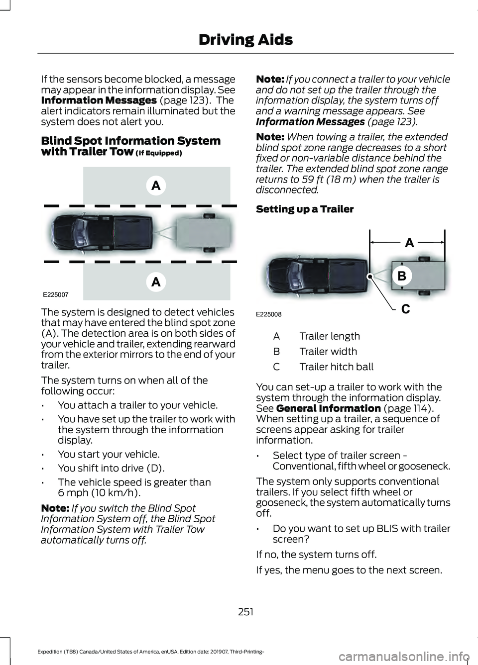 FORD EXPEDITION 2020  Owners Manual If the sensors become blocked, a message
may appear in the information display. See
Information Messages (page 123).  The
alert indicators remain illuminated but the
system does not alert you.
Blind S