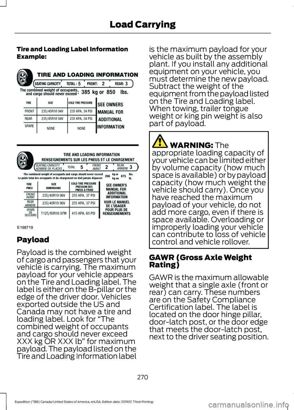 FORD EXPEDITION 2020  Owners Manual Tire and Loading Label Information
Example:
Payload
Payload is the combined weight
of cargo and passengers that your
vehicle is carrying. The maximum
payload for your vehicle appears
on the Tire and L