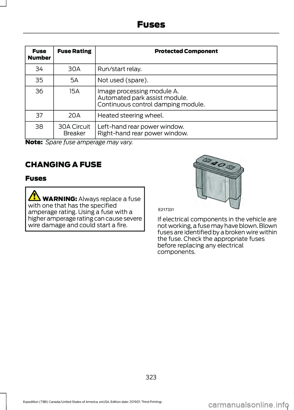FORD EXPEDITION 2020 User Guide Protected Component
Fuse Rating
Fuse
Number
Run/start relay.
30A
34
Not used (spare).
5A
35
Image processing module A.
15A
36
Automated park assist module.
Continuous control damping module.
Heated st
