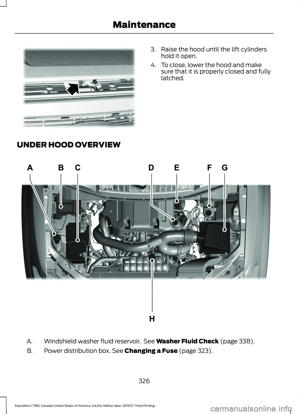 FORD EXPEDITION 2020  Owners Manual 3. Raise the hood until the lift cylinders
hold it open.
4. To close, lower the hood and make sure that it is properly closed and fully
latched.
UNDER HOOD OVERVIEW Windshield washer fluid reservoir. 