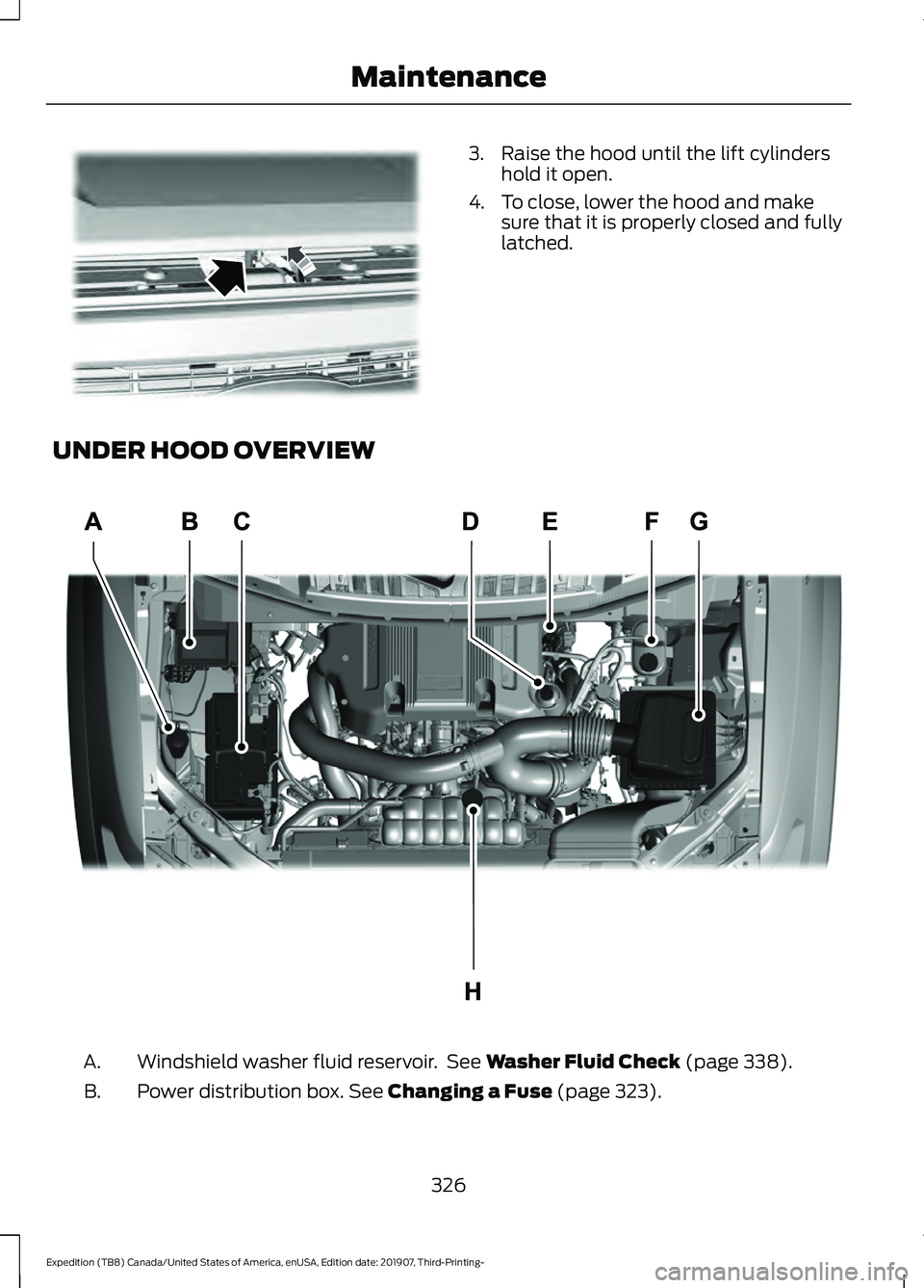 FORD EXPEDITION 2020 User Guide 3. Raise the hood until the lift cylinders
hold it open.
4. To close, lower the hood and make sure that it is properly closed and fully
latched.
UNDER HOOD OVERVIEW Windshield washer fluid reservoir. 