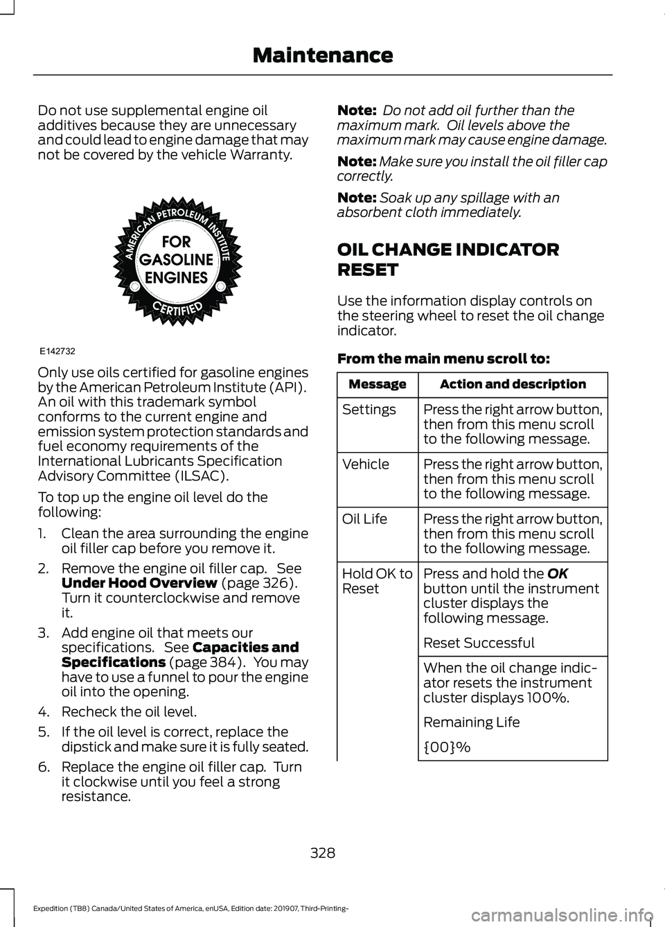 FORD EXPEDITION 2020  Owners Manual Do not use supplemental engine oil
additives because they are unnecessary
and could lead to engine damage that may
not be covered by the vehicle Warranty.
Only use oils certified for gasoline engines
